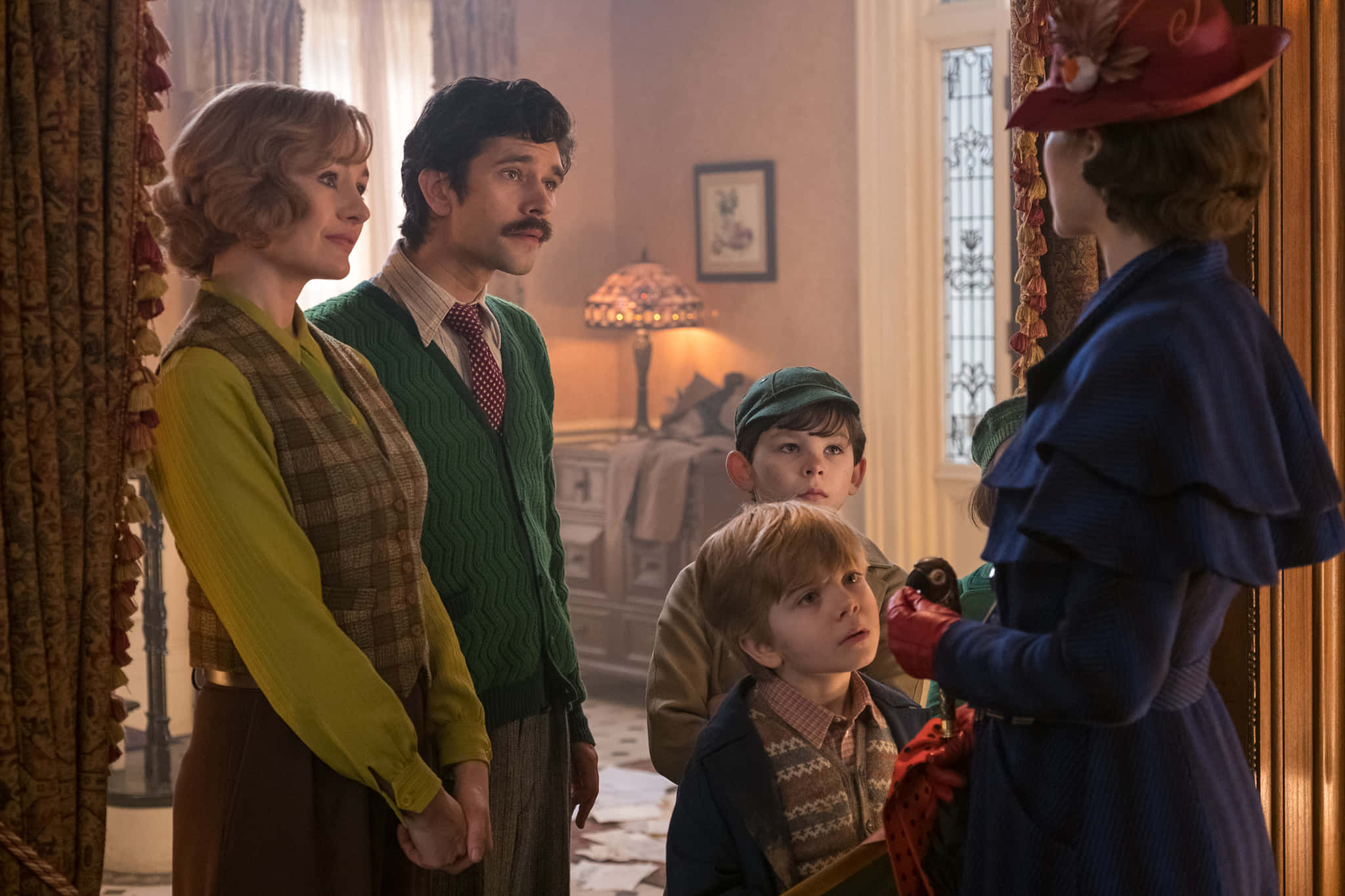Mary Poppins Returns, blue coat, red hat, Full HD Desktop Wallpaper