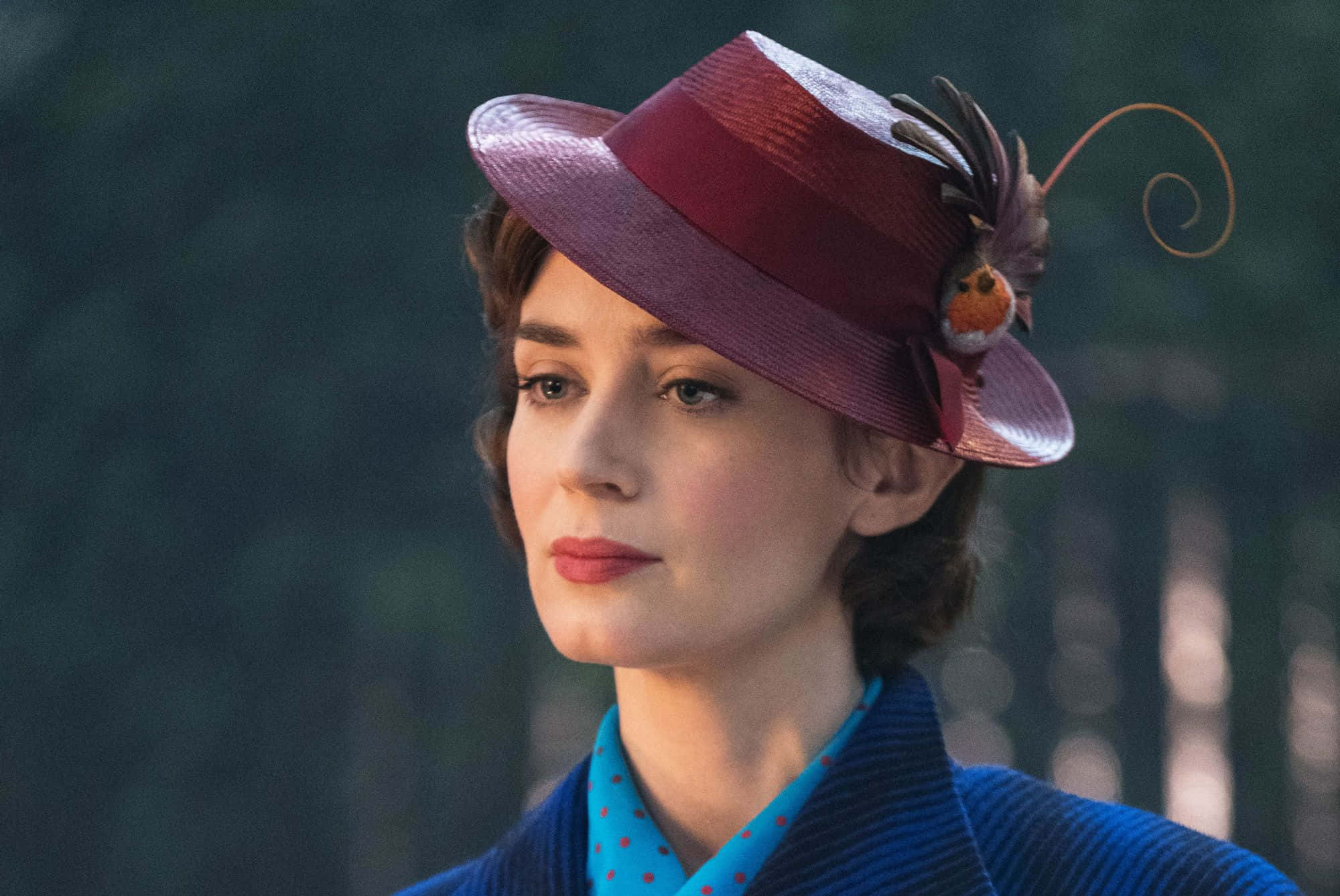 Mary Poppins Returns, maroon hat, feather, Full HD Desktop Wallpaper