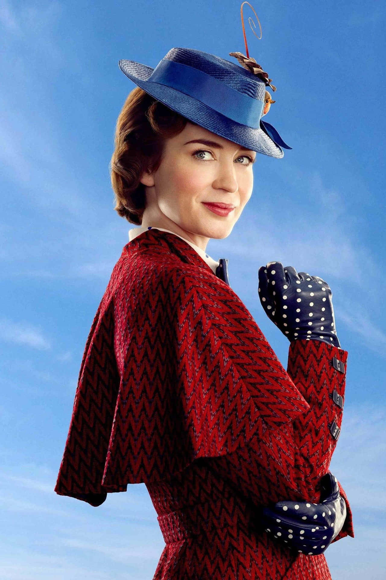 Mary Poppins Returns, red herringbone coat, blue hat, Full HD Phone Wallpaper
