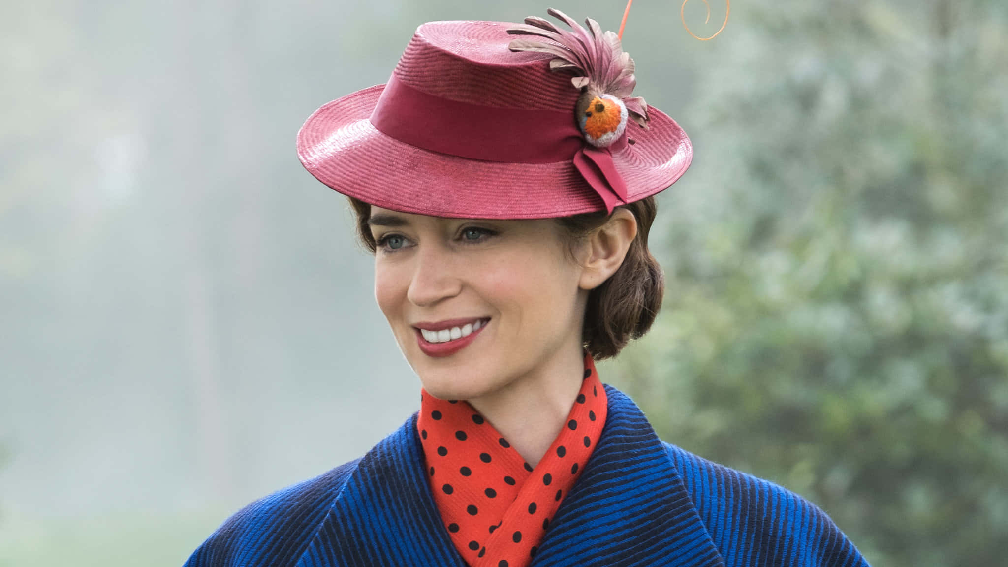 Mary Poppins Returns, pink hat with feather ornament, blue striped coat, Full HD Desktop Wallpaper