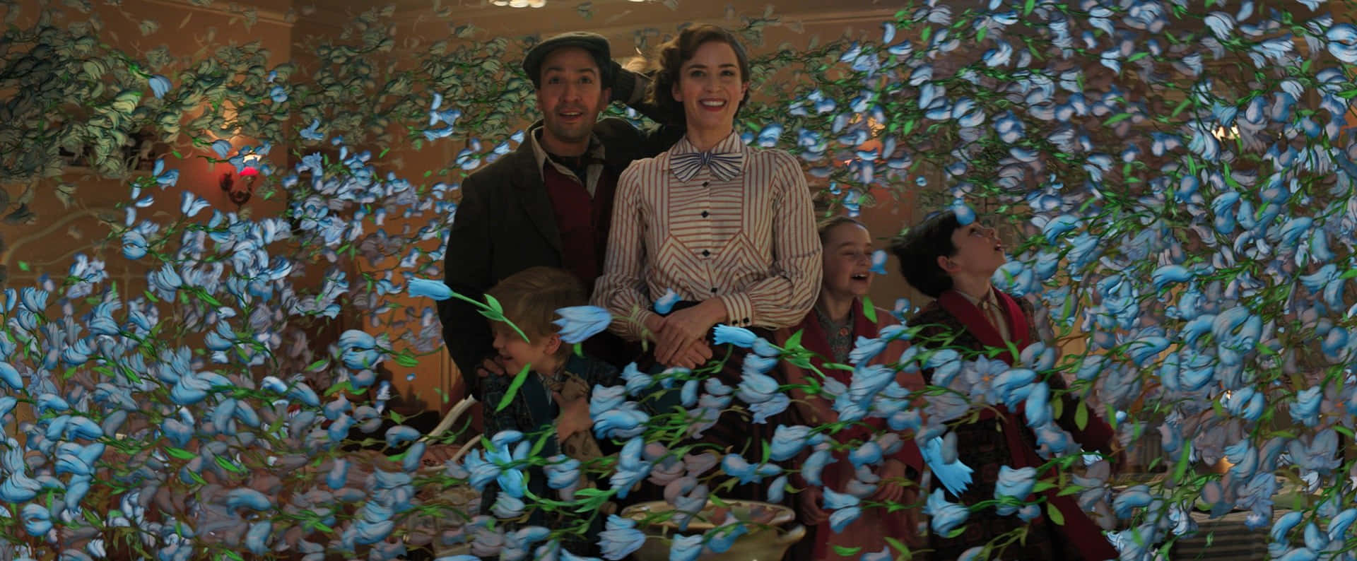 Mary Poppins Returns, blue bell-shaped flowers, magical indoor scene, Full HD Desktop Wallpaper