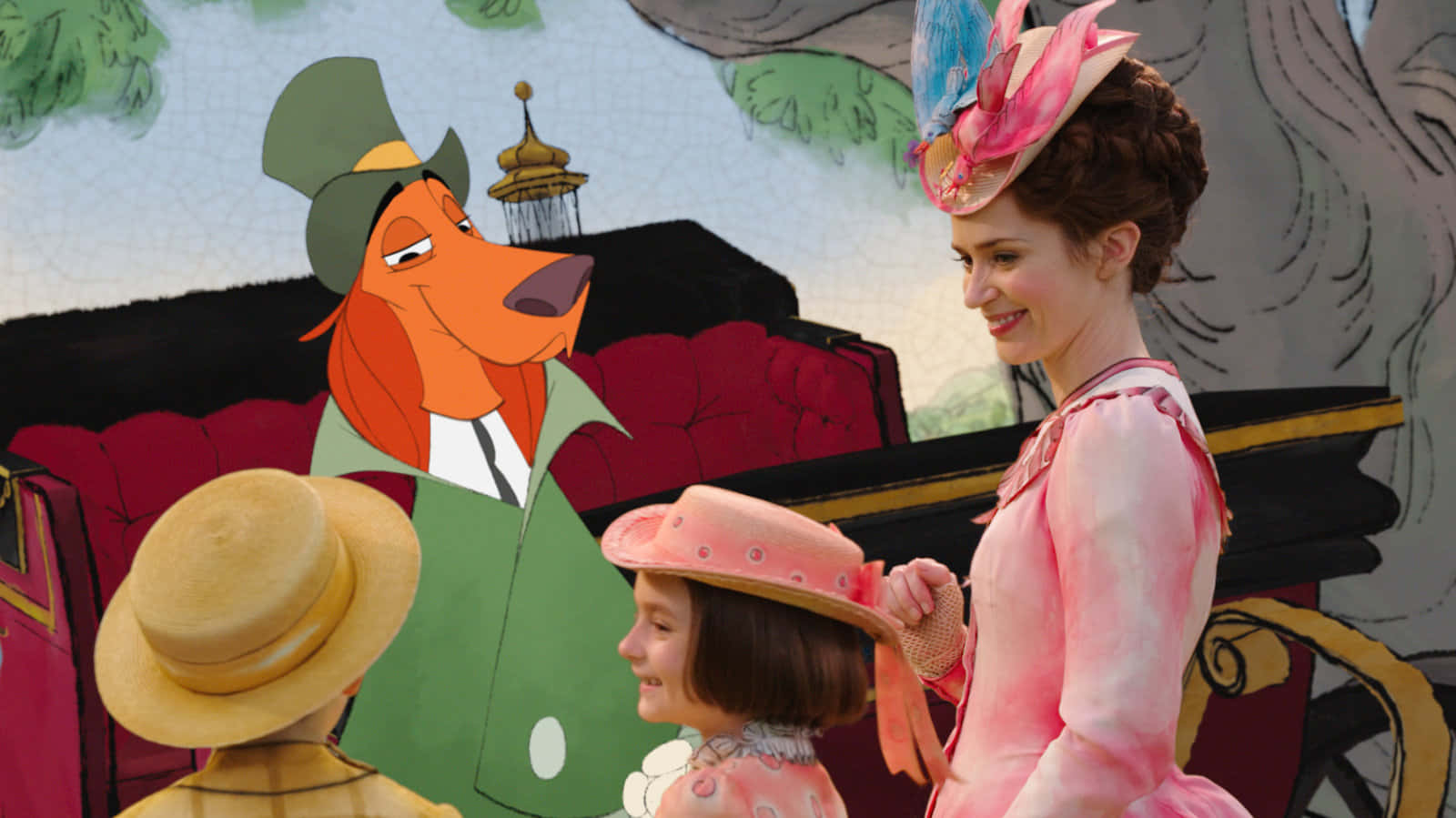 Mary Poppins Returns, pink period attire, cartoon dog in a top hat, HD Desktop Wallpaper