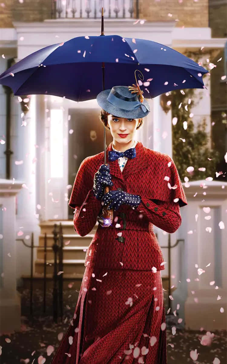 Mary Poppins Returns, cherry blossom umbrella, red suit, SD Phone Wallpaper