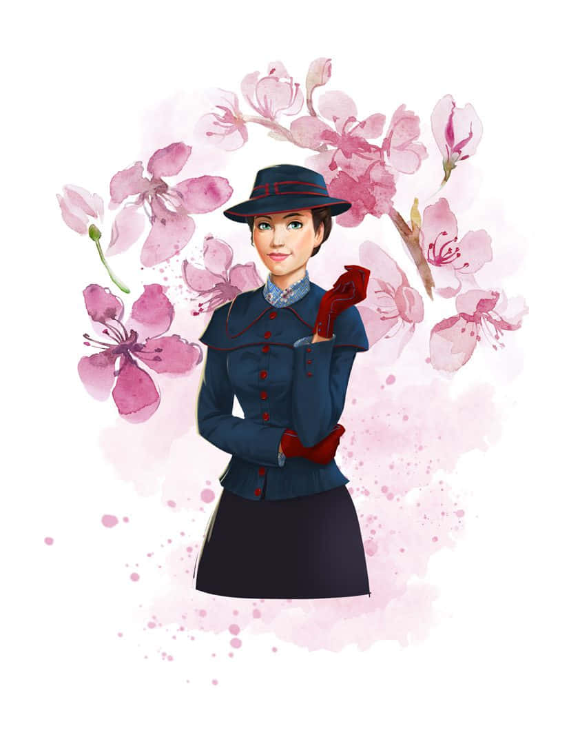 Mary Poppins Returns, navy blue uniform, pink cherry blossoms, SD Phone Wallpaper