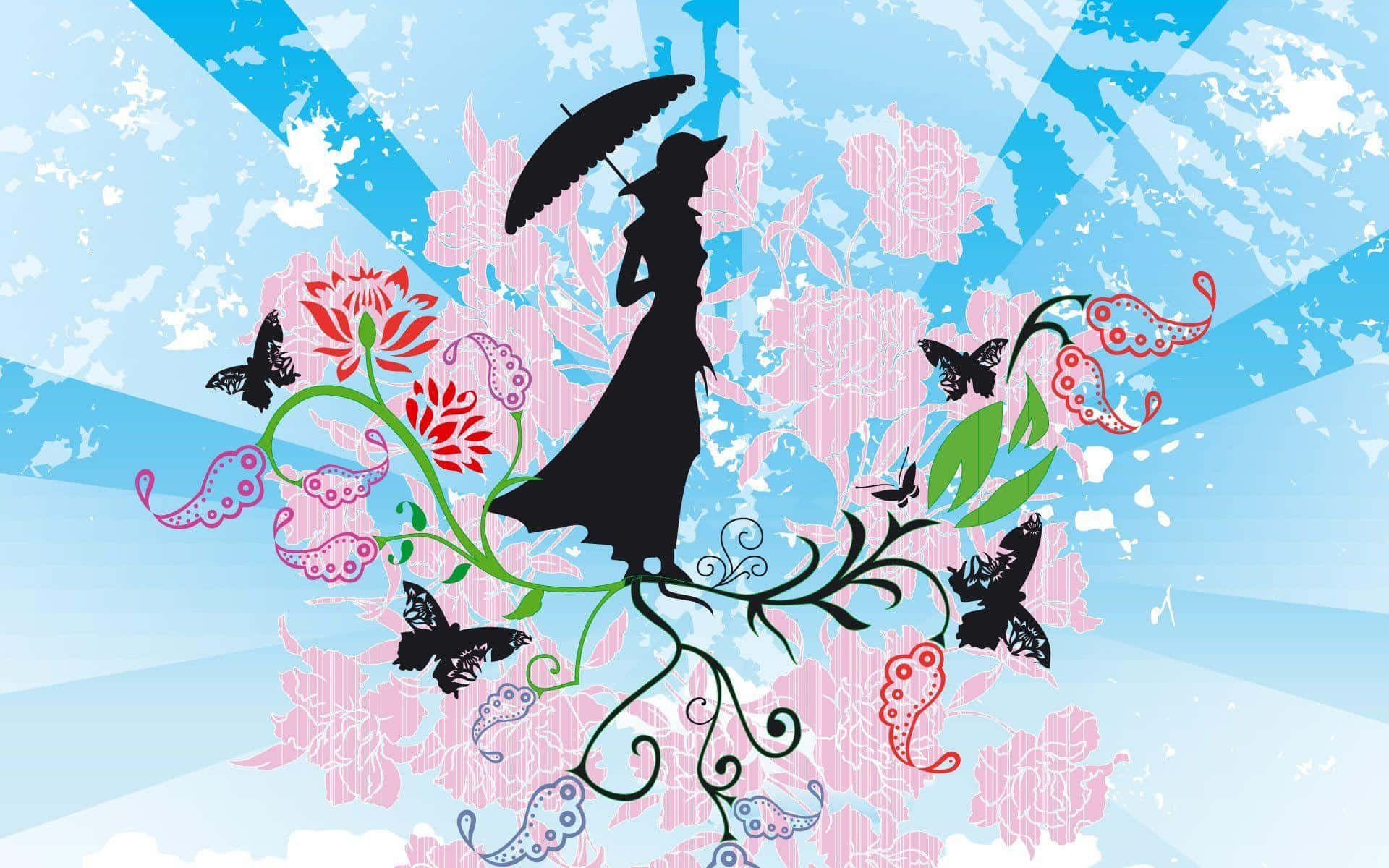 Mary Poppins, umbrella, pink flowers, Full HD Desktop Wallpaper
