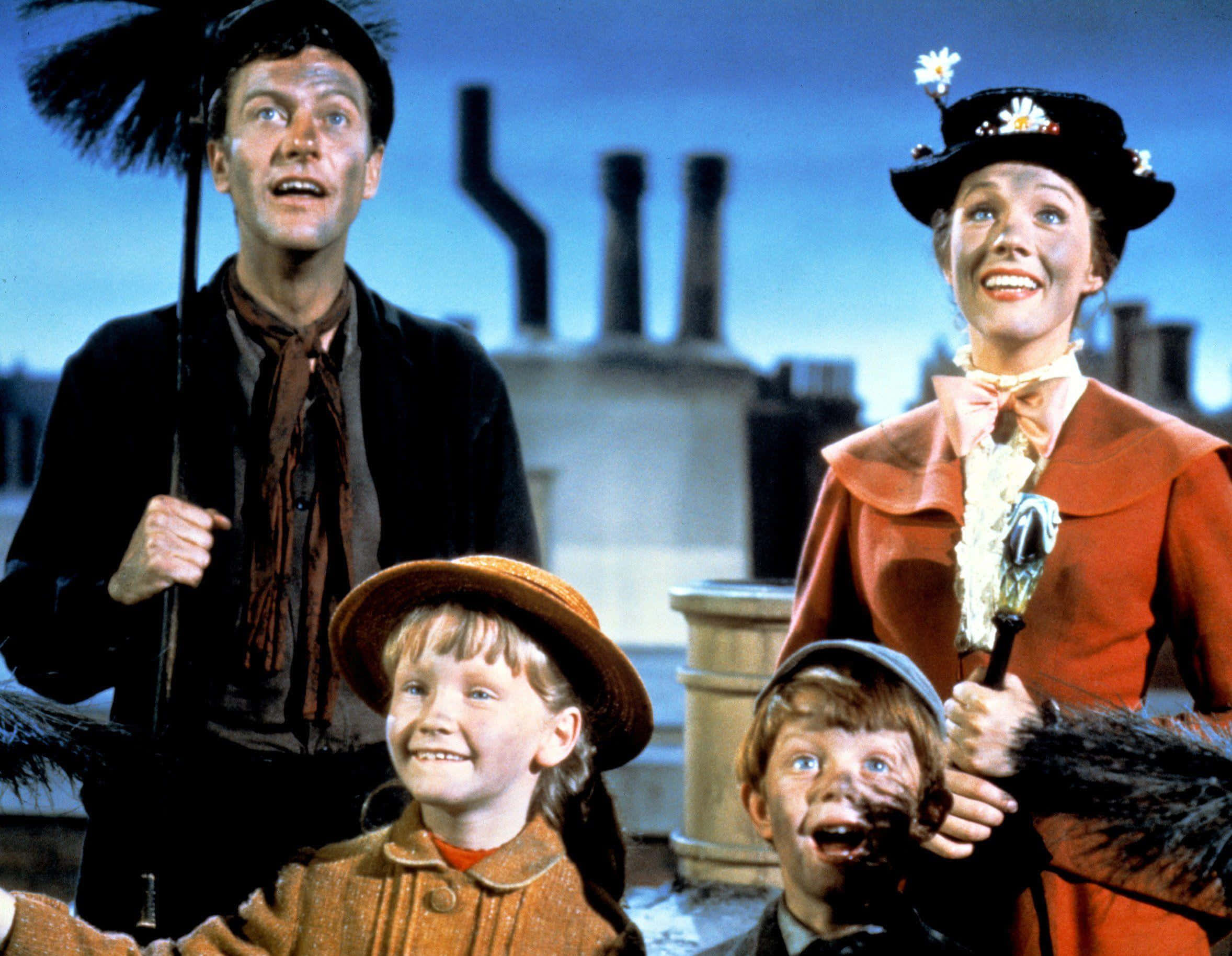 Mary Poppins, magical umbrella, twilight sky, Full HD Desktop Wallpaper