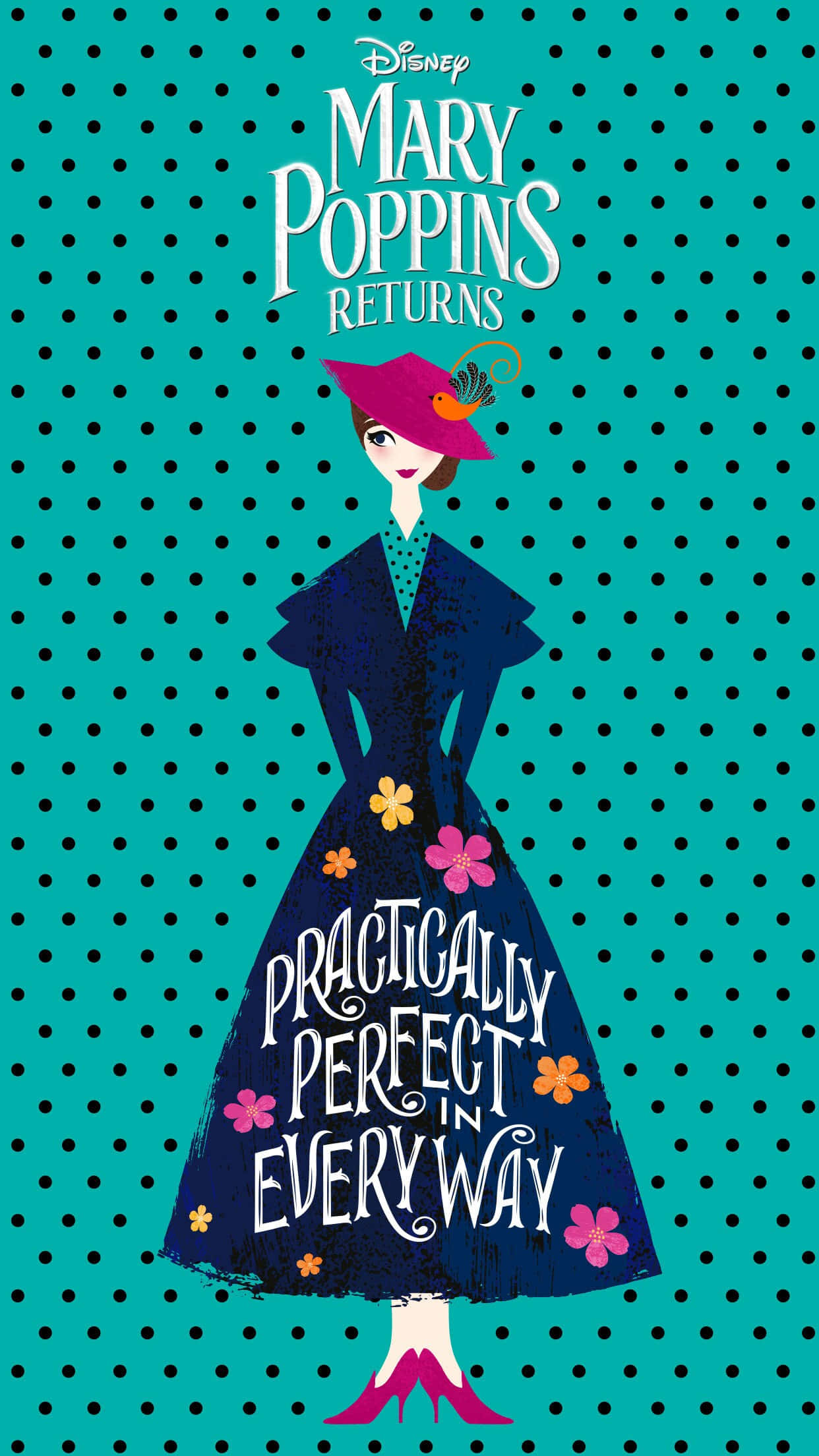 Mary Poppins, navy dress, floral accents, Full HD Phone Wallpaper