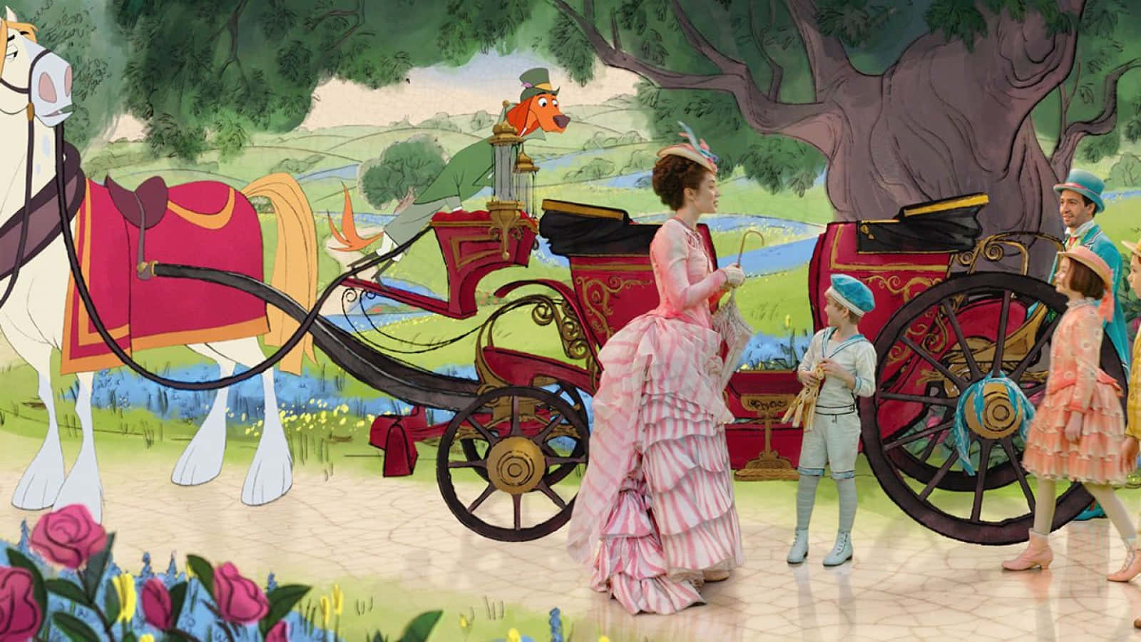 Mary Poppins, pink gown, red horse-drawn carriage, HD Desktop Wallpaper