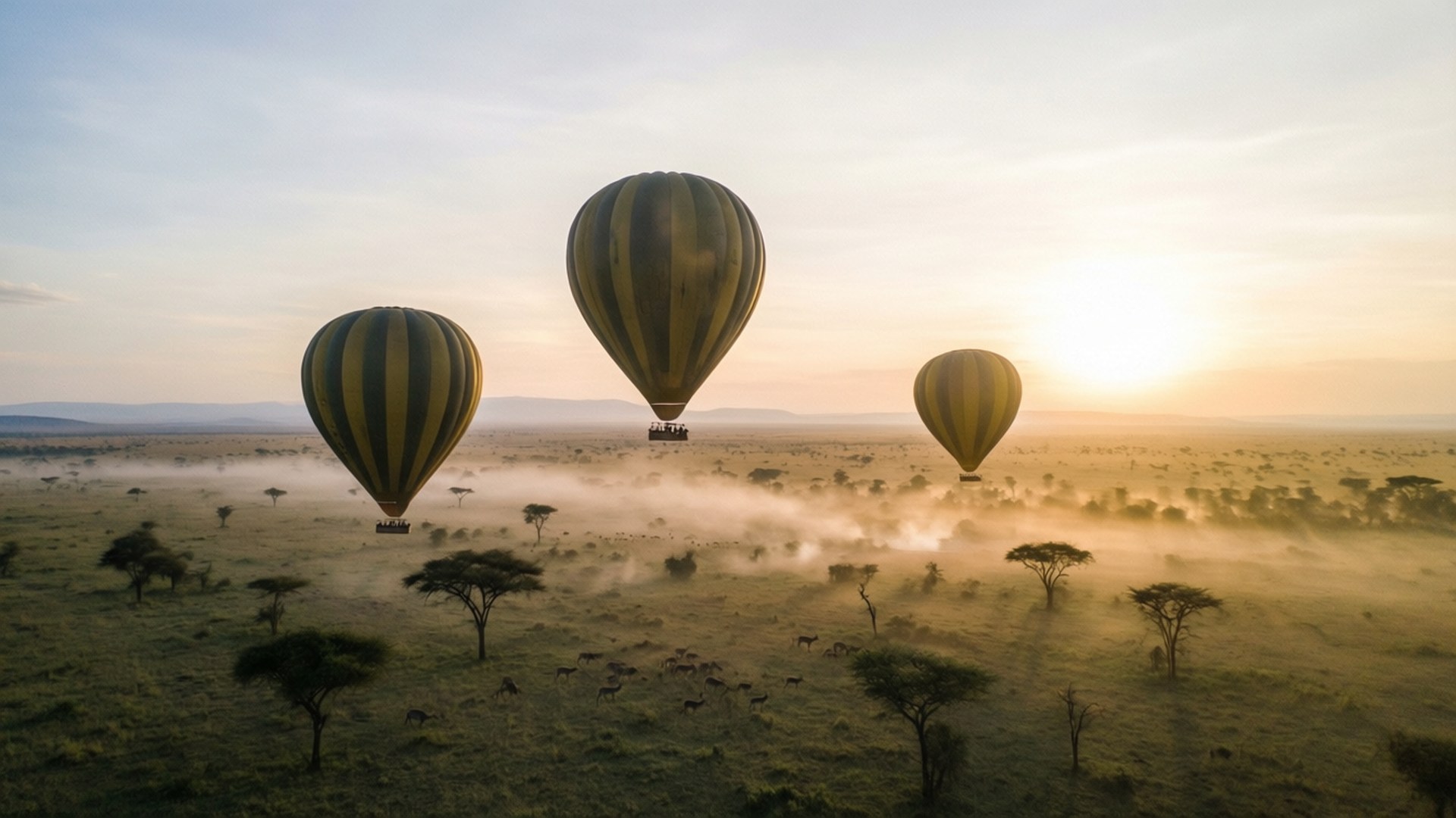 Balloon Safari at Dawn, hot air balloons, misty African savanna, Full HD Desktop Wallpaper