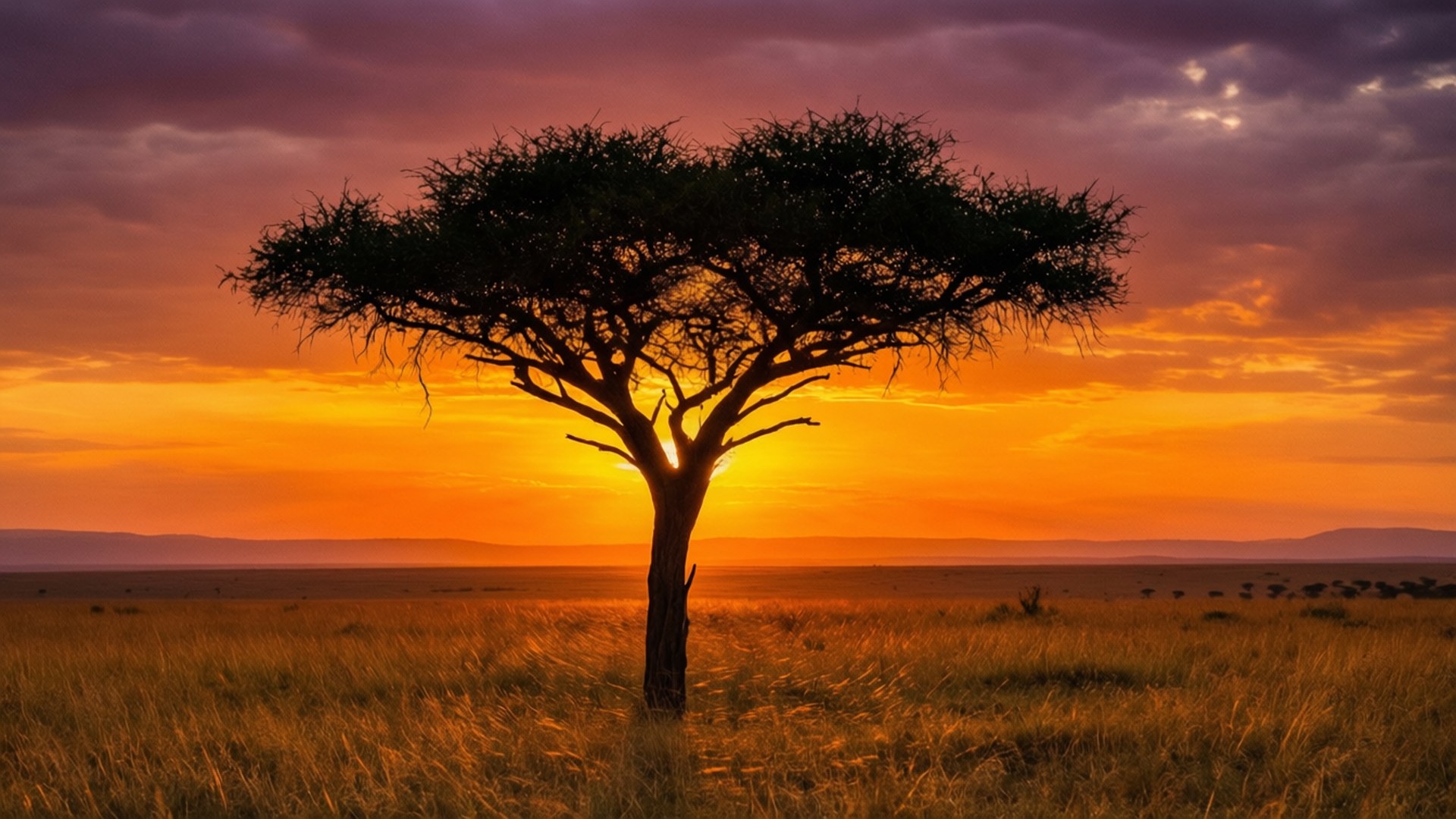 acacia tree, fiery orange and purple sunset, endless savanna, Full HD Desktop Wallpaper
