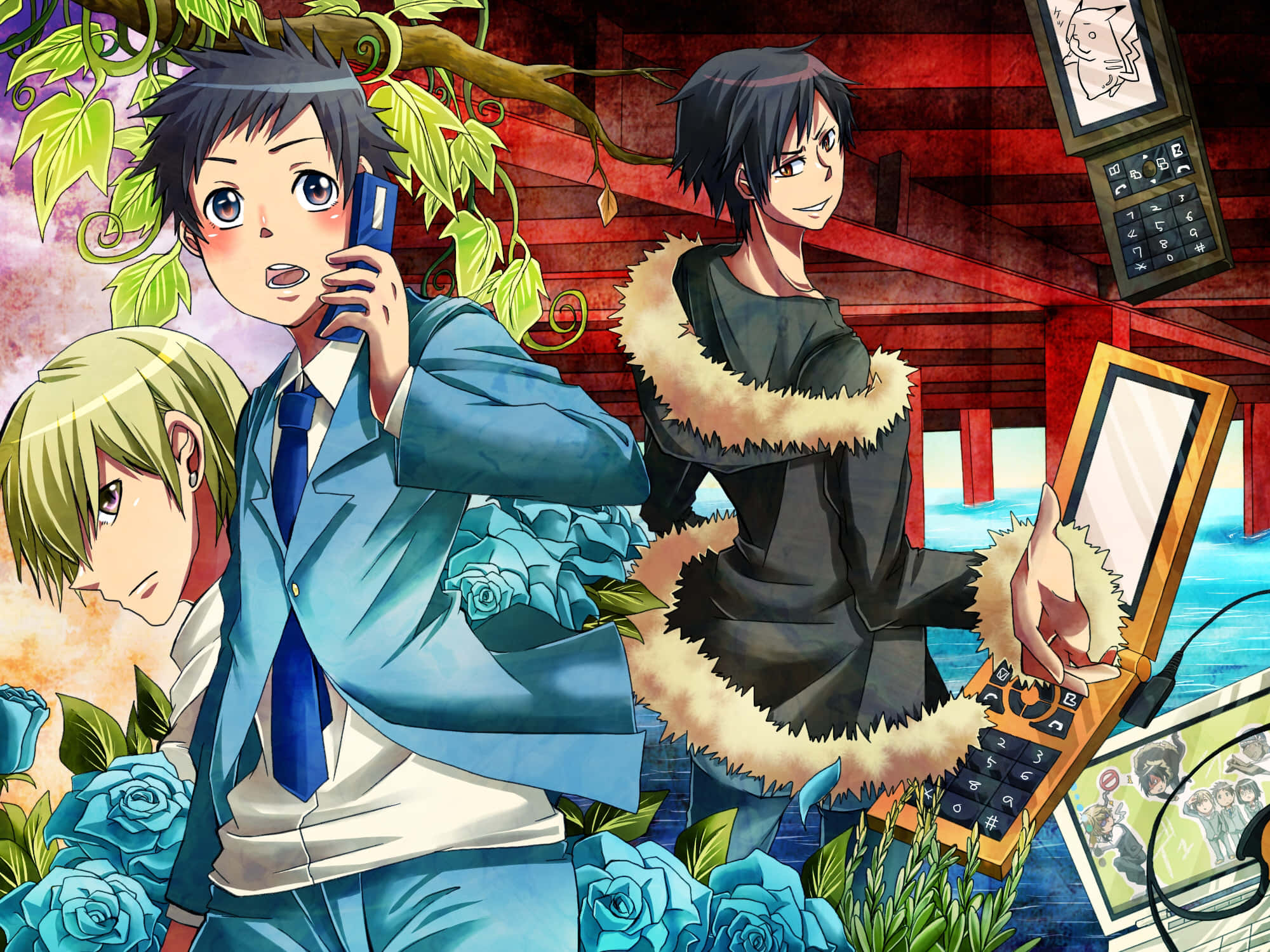 Masaomi Kida, vibrant city, blue roses vines, Full HD Desktop Wallpaper