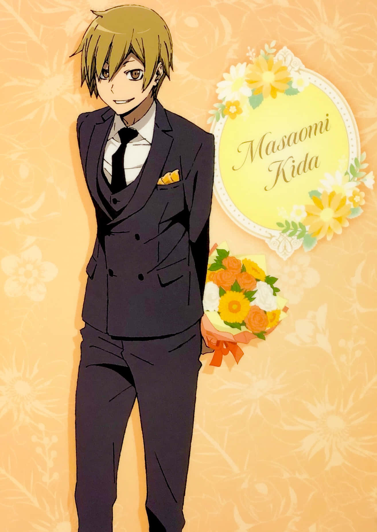 Masaomi Kida, dark suit, sunflower bouquet, HD Phone Wallpaper