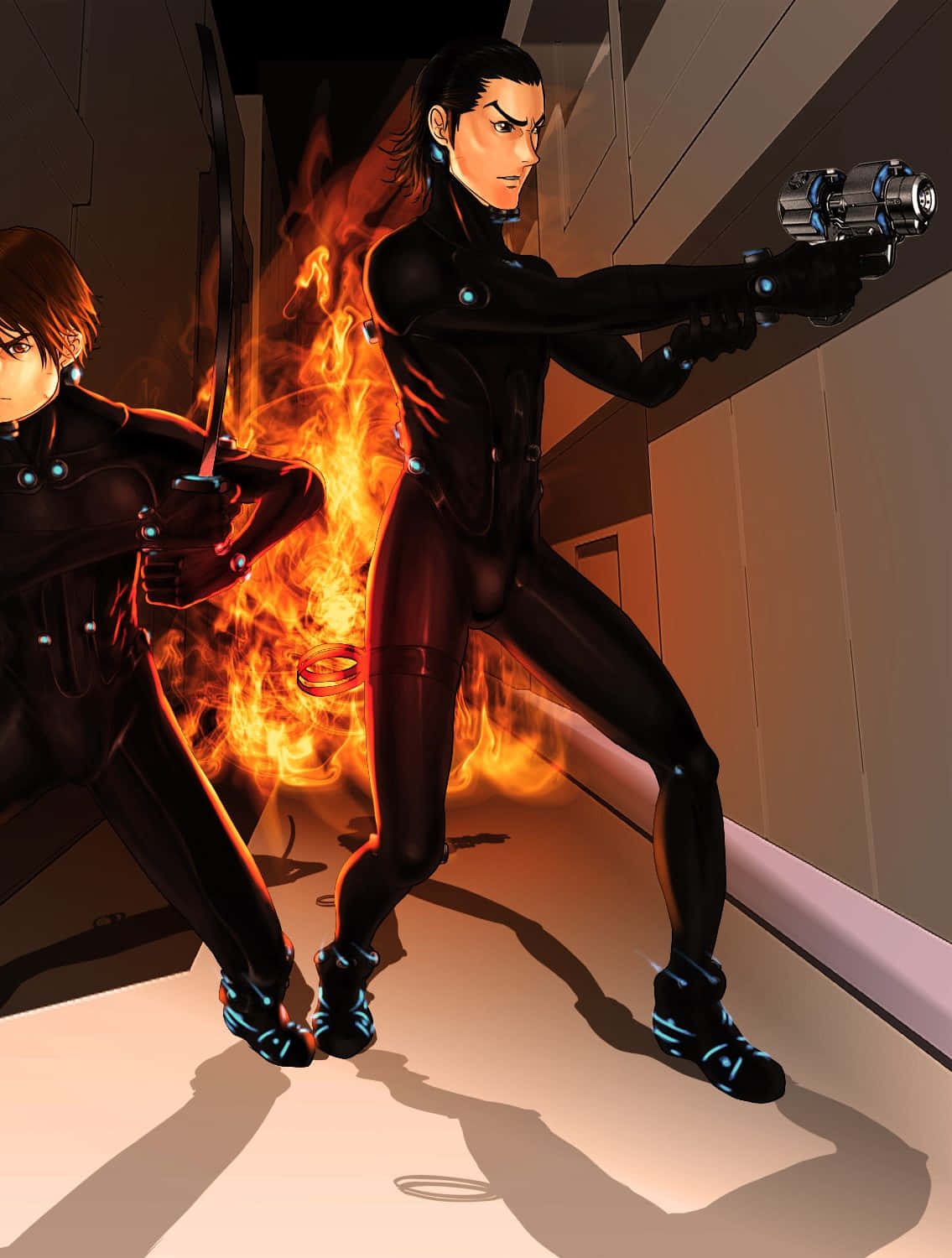 Masaru Kato, black suits, hallway, HD Phone Wallpaper