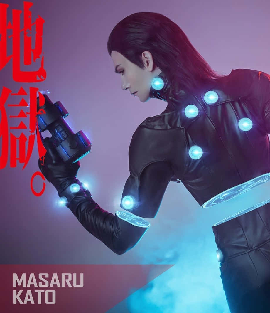 Masaru Kato, glowing blue tech accents, futuristic weapon, SD Phone Wallpaper