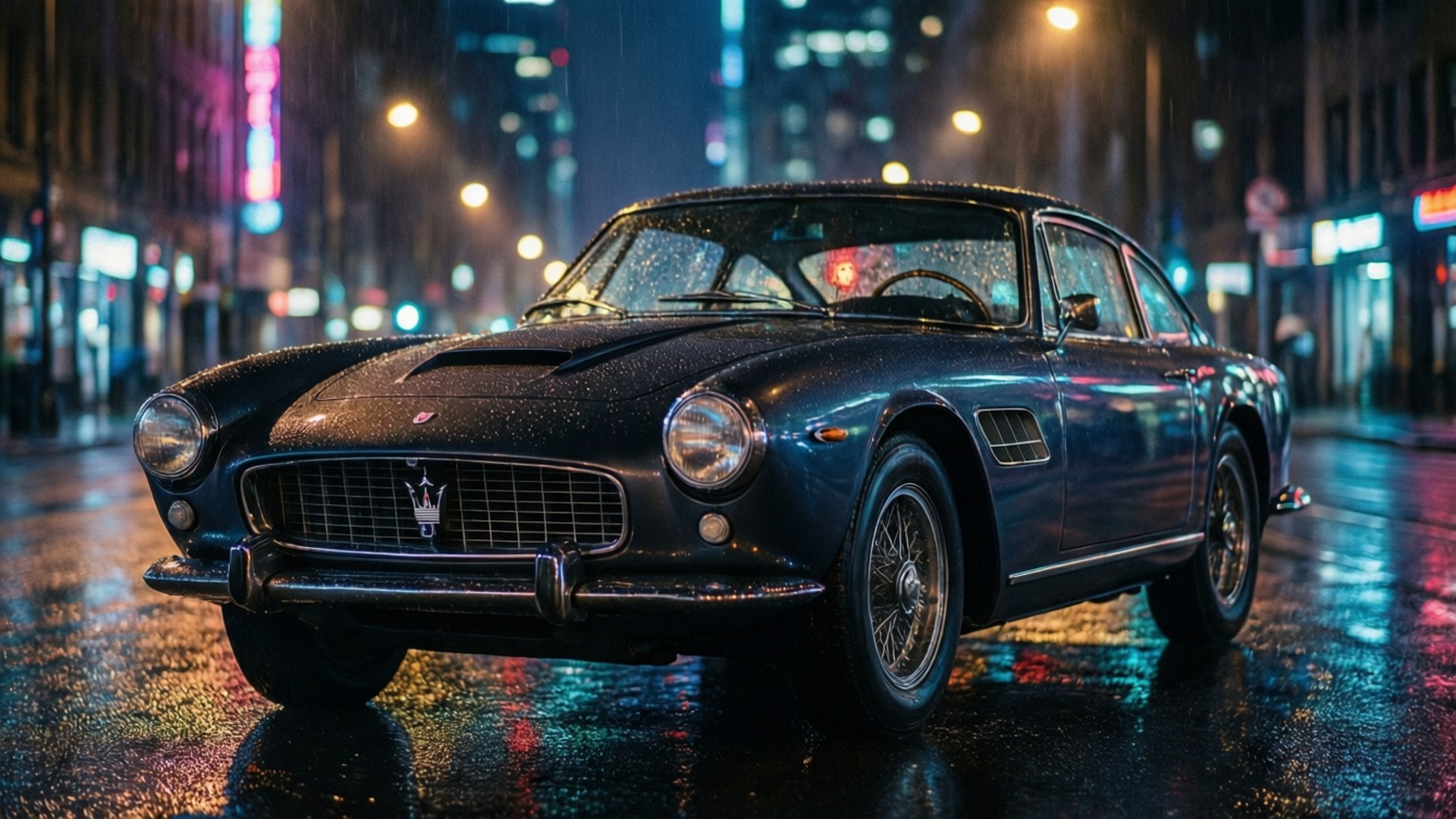Maserati 3500 GT, night, neon lights, Full HD Desktop Wallpaper