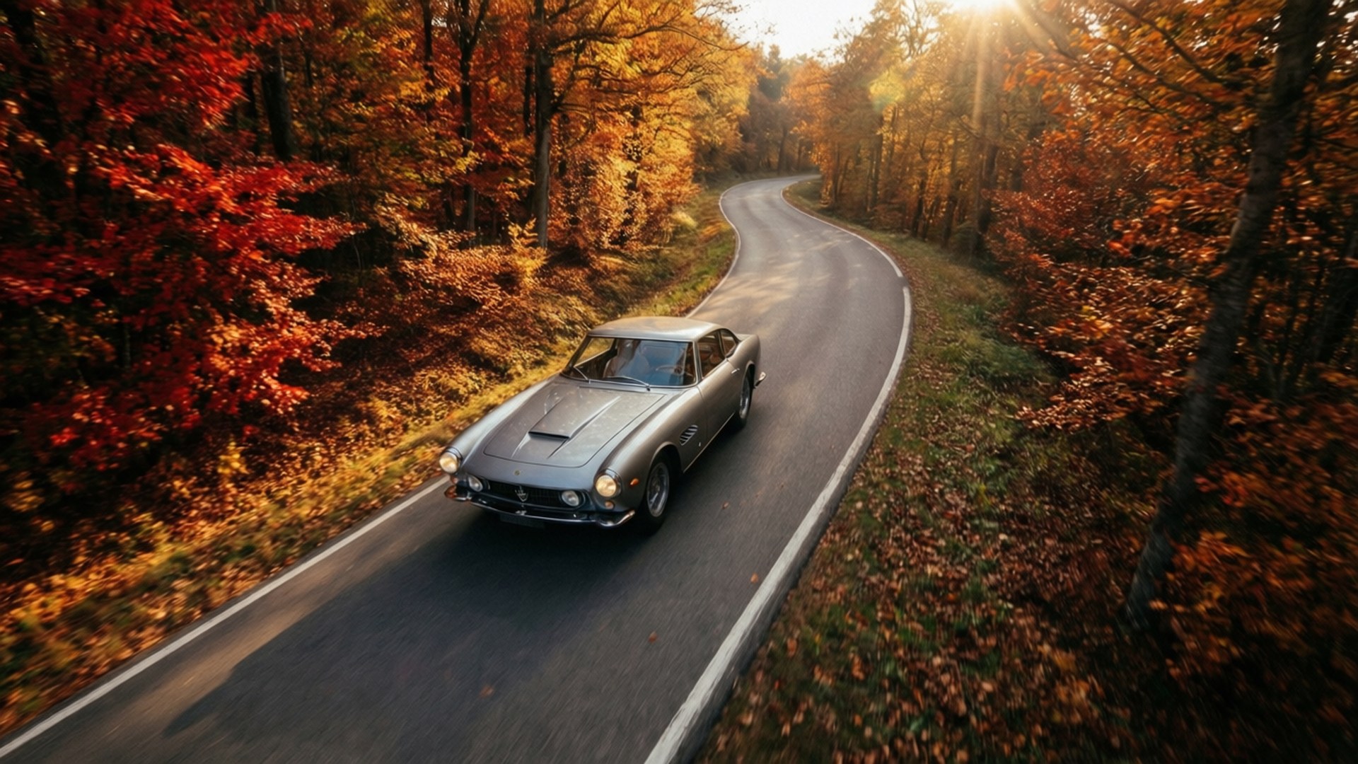 Maserati 3500 GT, autumn forest road, aerial top-down view, Full HD Desktop Wallpaper