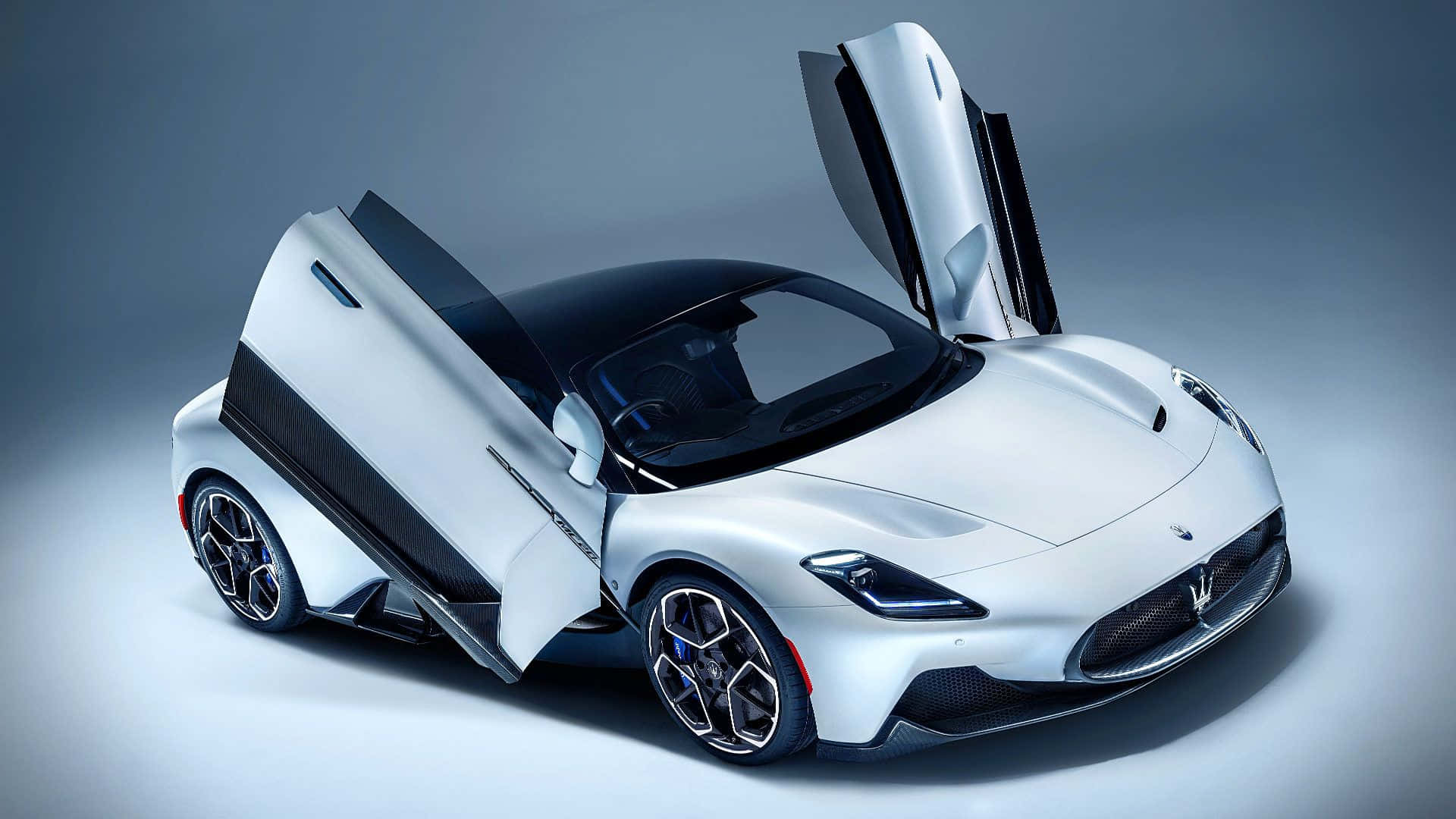 Maserati MC20, gull-wing doors, sleek silver, Full HD Desktop Wallpaper