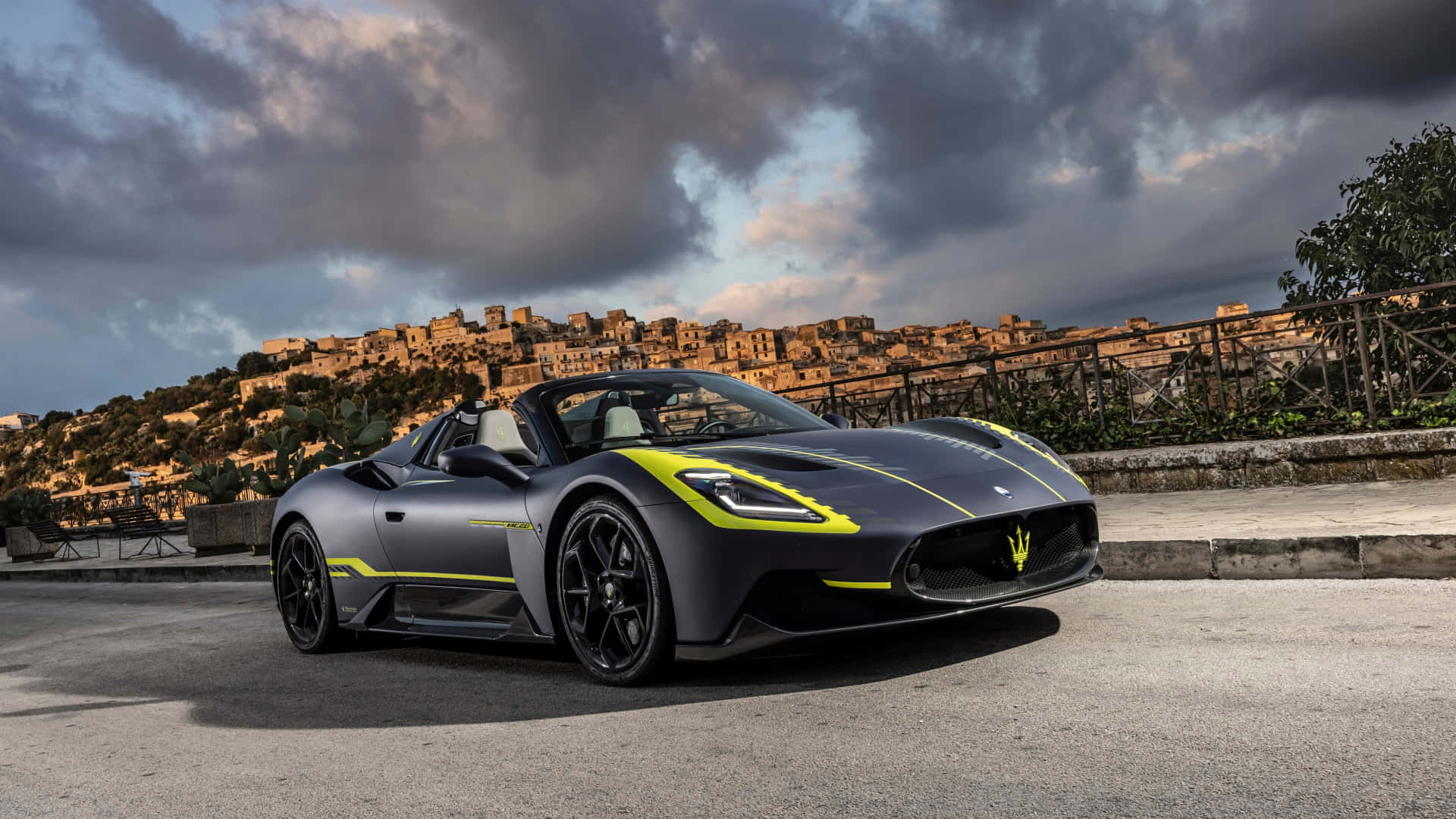 Maserati MC20, matte black, neon yellow accents, Full HD Desktop Wallpaper