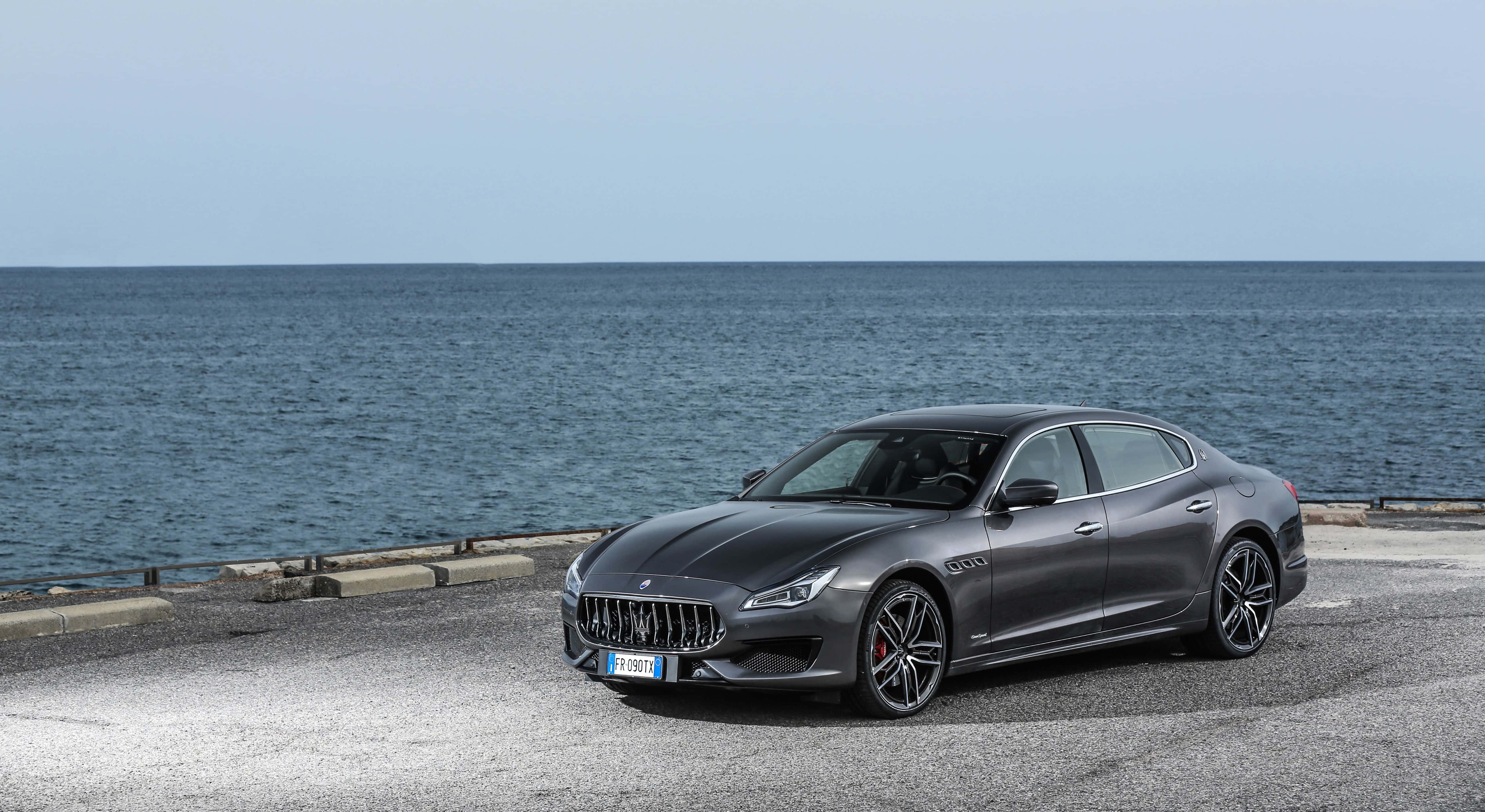 Maserati Quattroporte, matte gray, coastal road, 5K Desktop Wallpaper