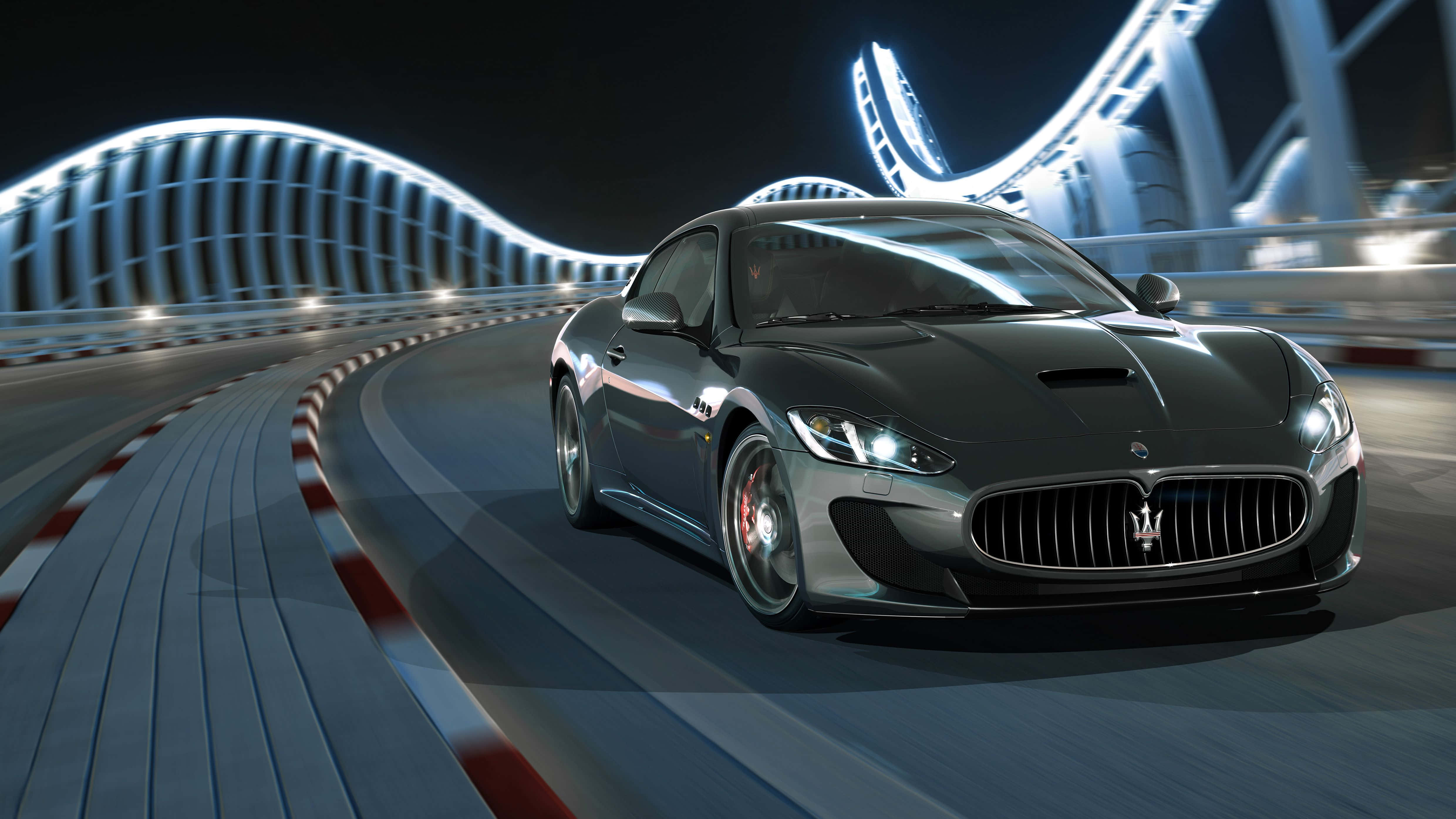 Maserati Quattroporte, sleek black, futuristic glowing bridge, 4K Desktop Wallpaper