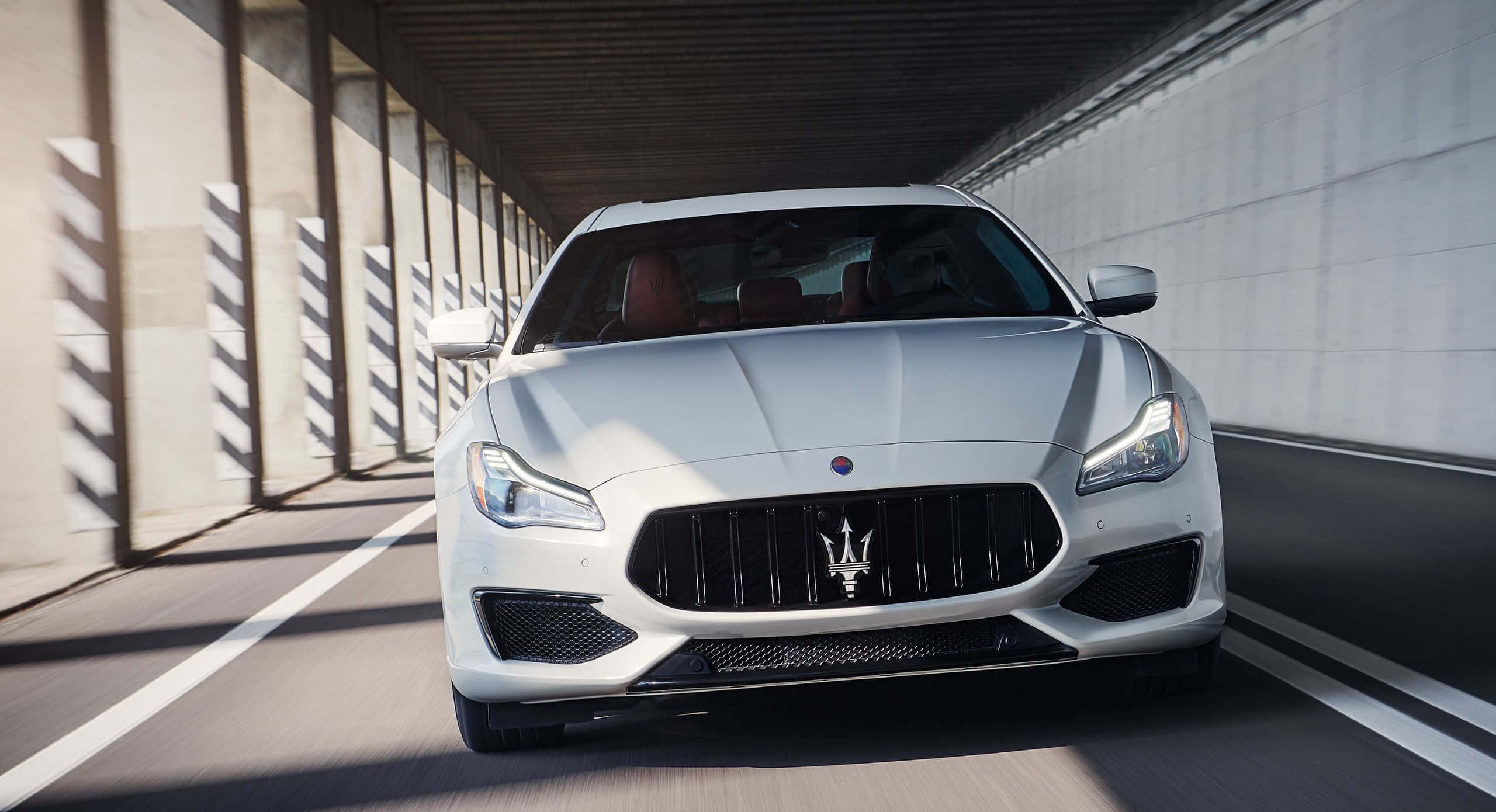Maserati Quattroporte, silver, sunlit concrete tunnel, 2K Desktop Wallpaper