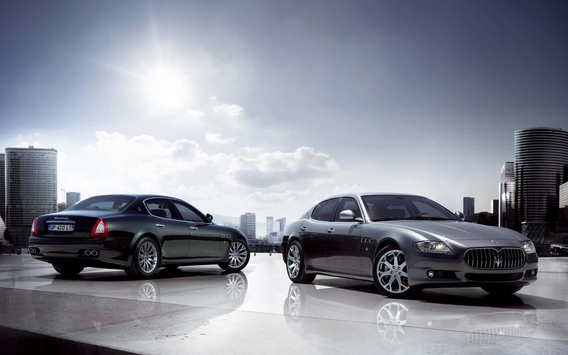 Maserati Quattroporte, pearl white, modern city skyline, Full HD Desktop Wallpaper