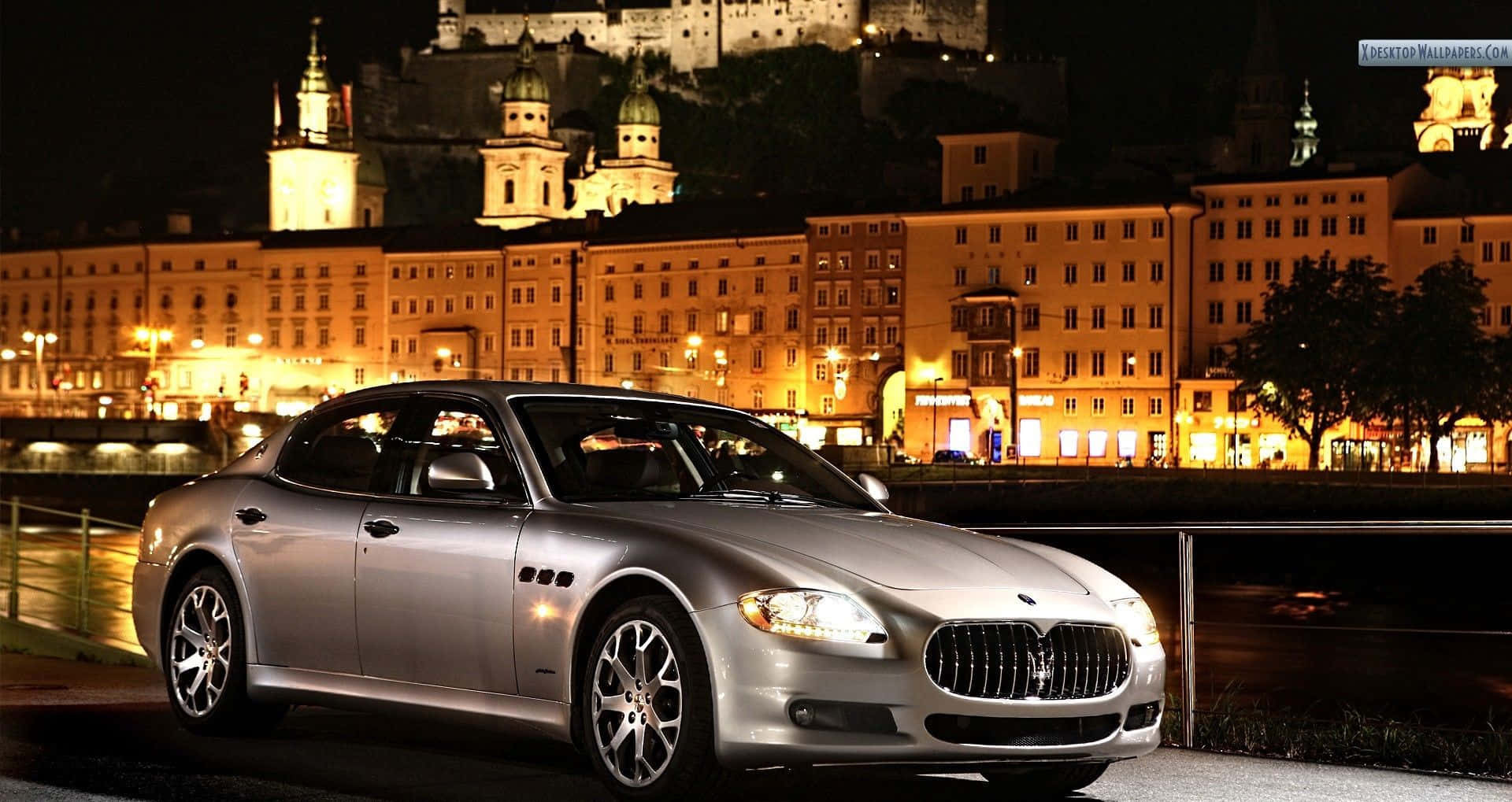 Maserati Quattroporte, silver, city lights, Full HD Desktop Wallpaper