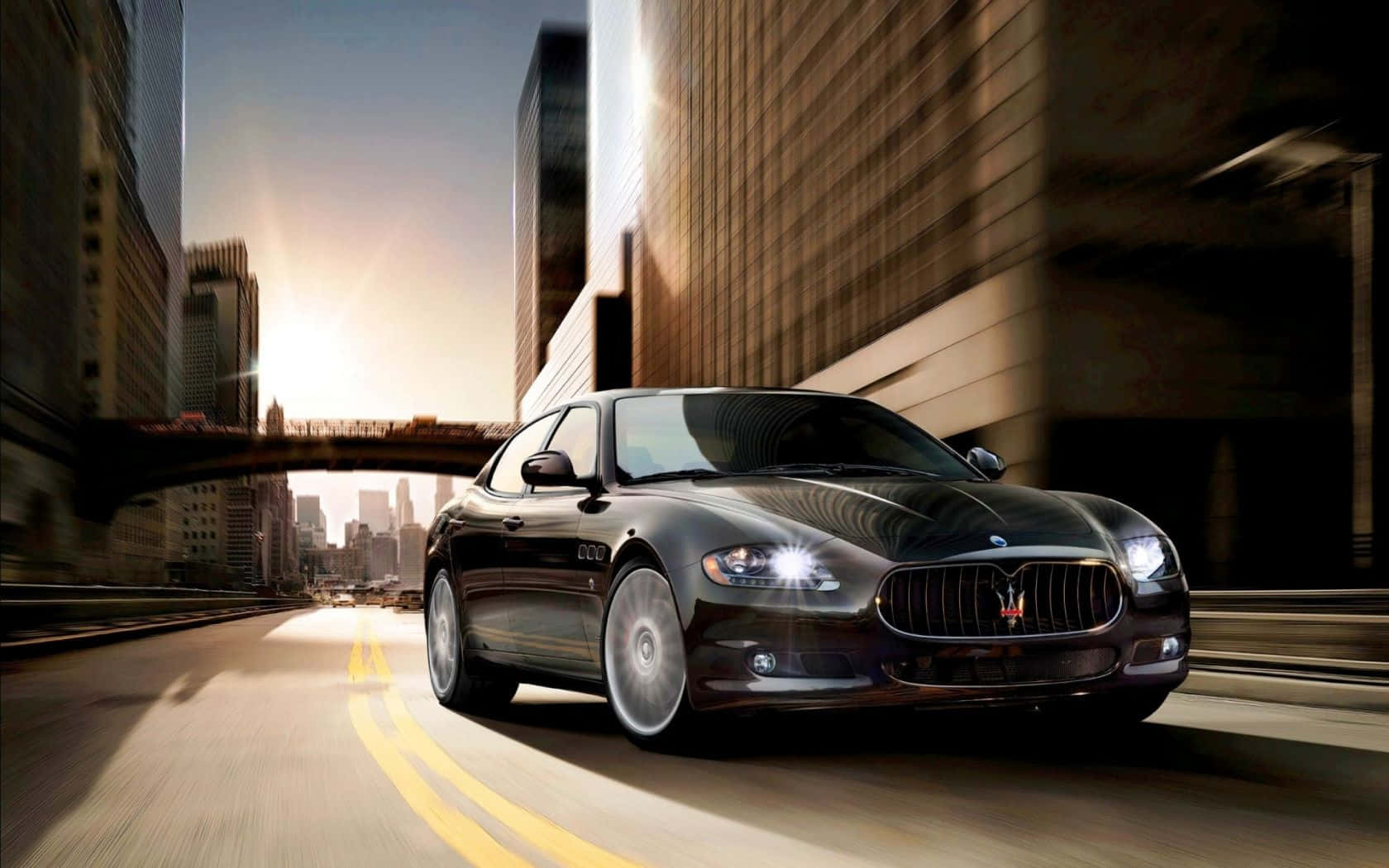 Maserati Quattroporte, sleek black, sunlit urban canyon, HD Desktop Wallpaper