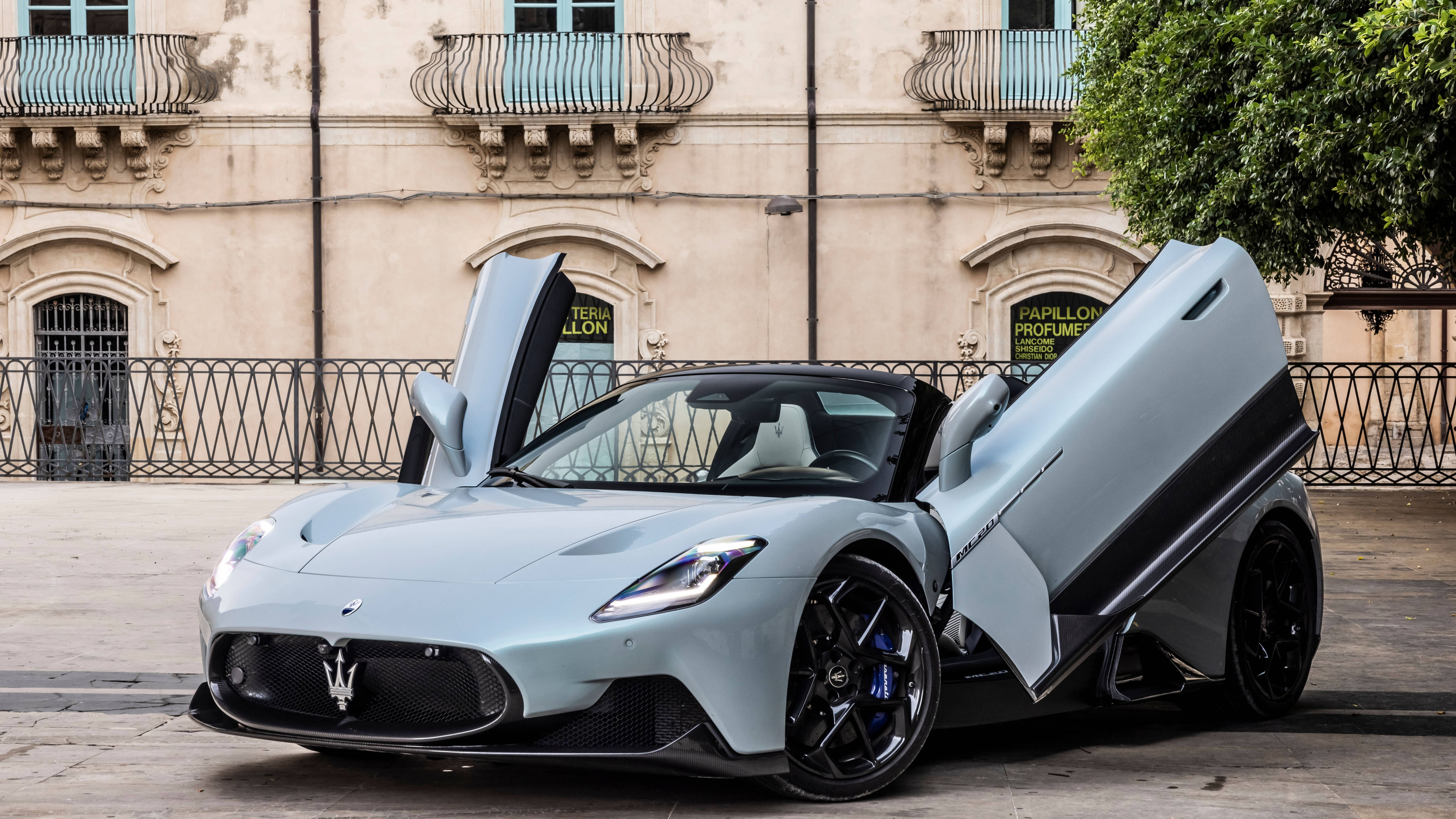 Maserati, light blue, gull-wing doors, 5K Desktop Wallpaper