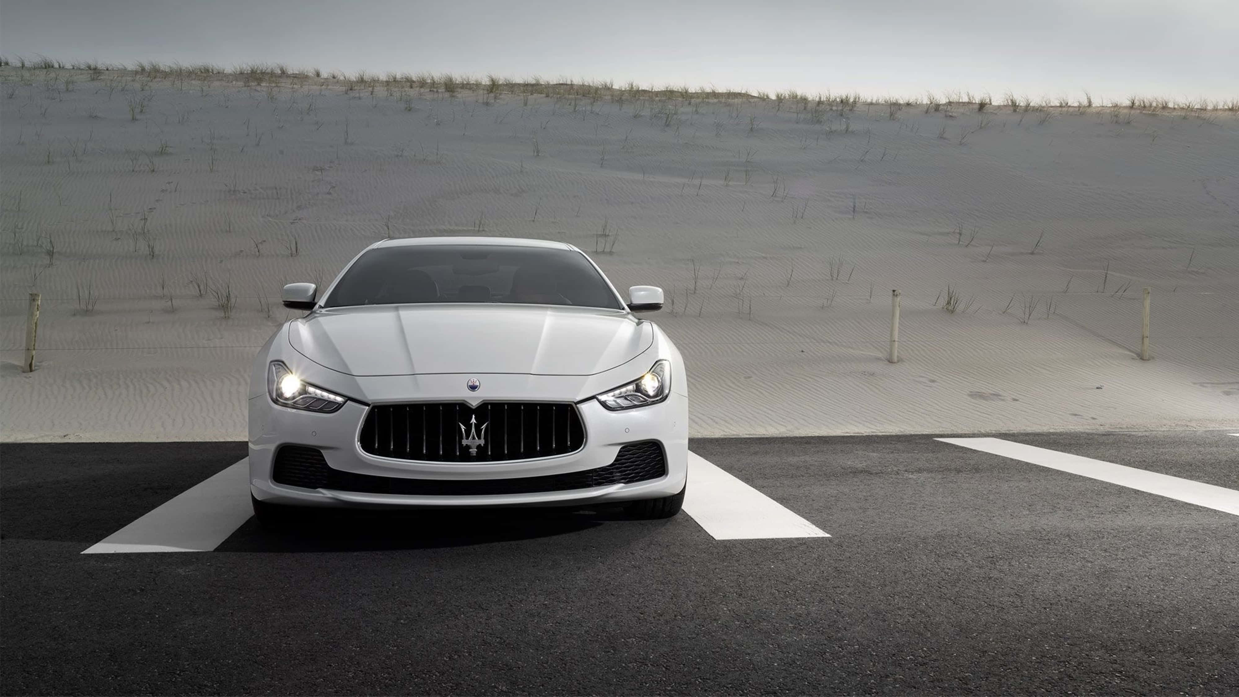 Maserati, white, paved road, 4K Desktop Wallpaper