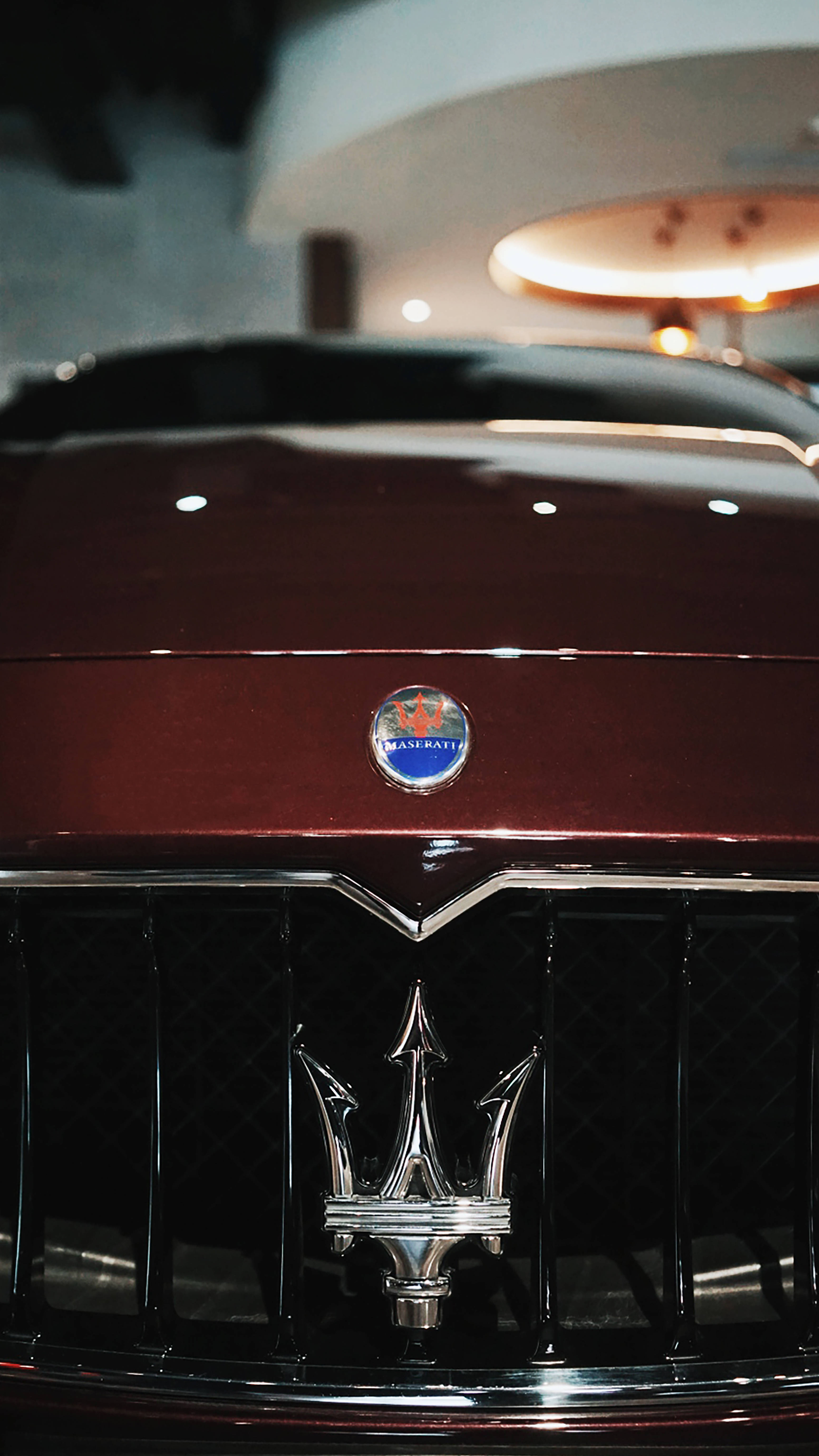 Maserati, maroon, chrome trident emblem, 5K Phone Wallpaper
