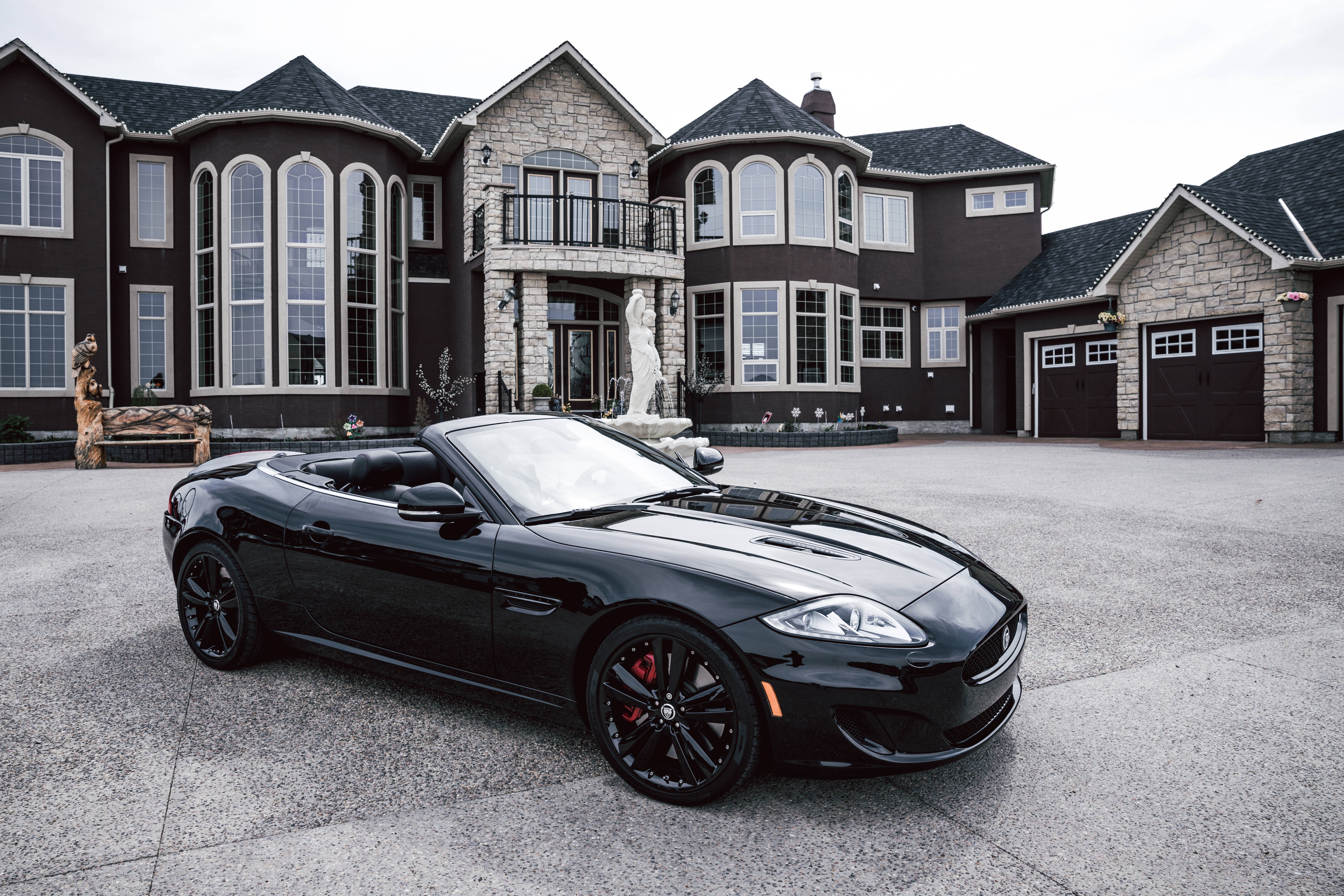 black convertible, Maserati, grand dark brown mansion, 5K Desktop Wallpaper