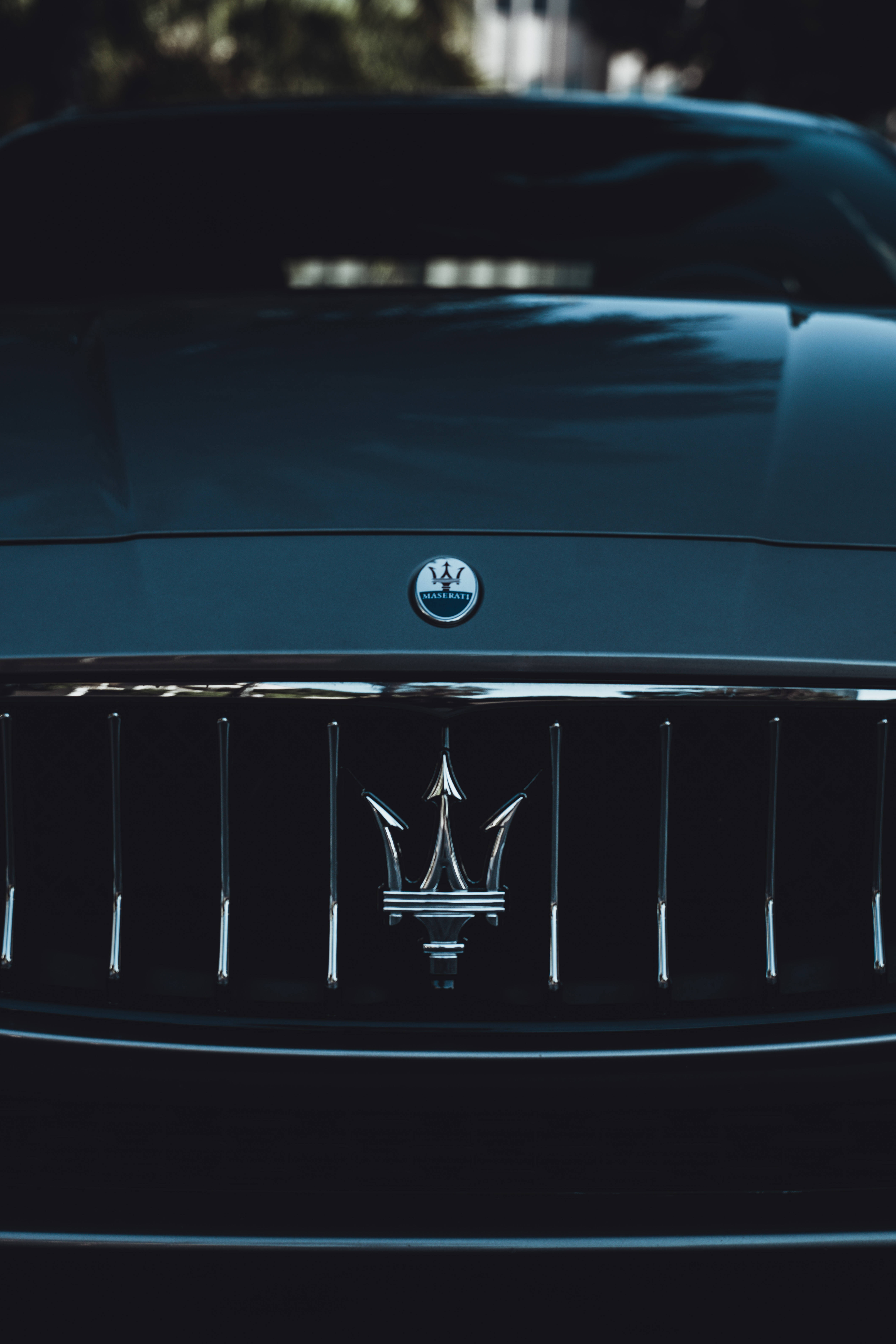 Maserati, black, chrome trident emblem, 5K Phone Wallpaper