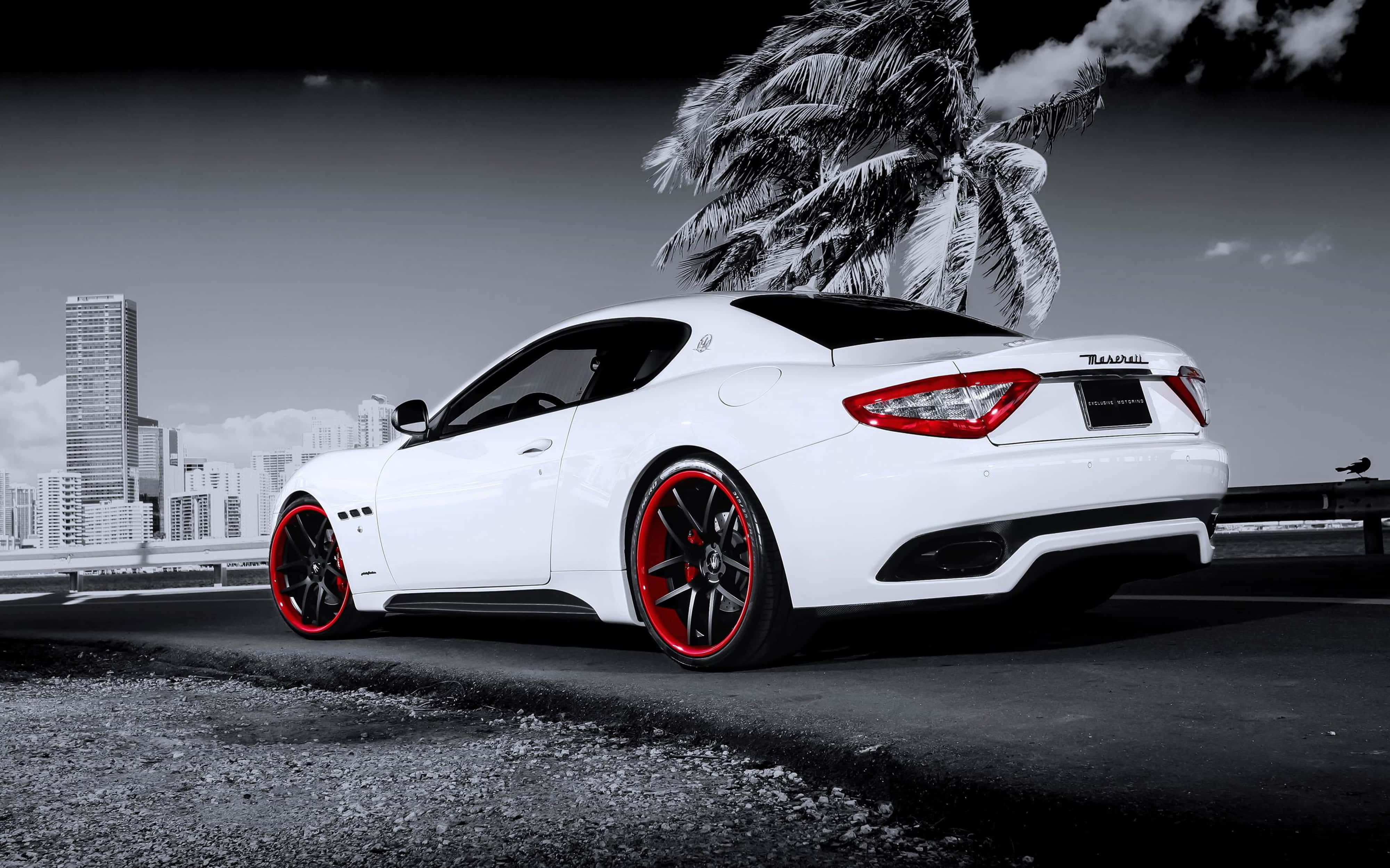Maserati, white Maserati, red rims, 4K Desktop Wallpaper