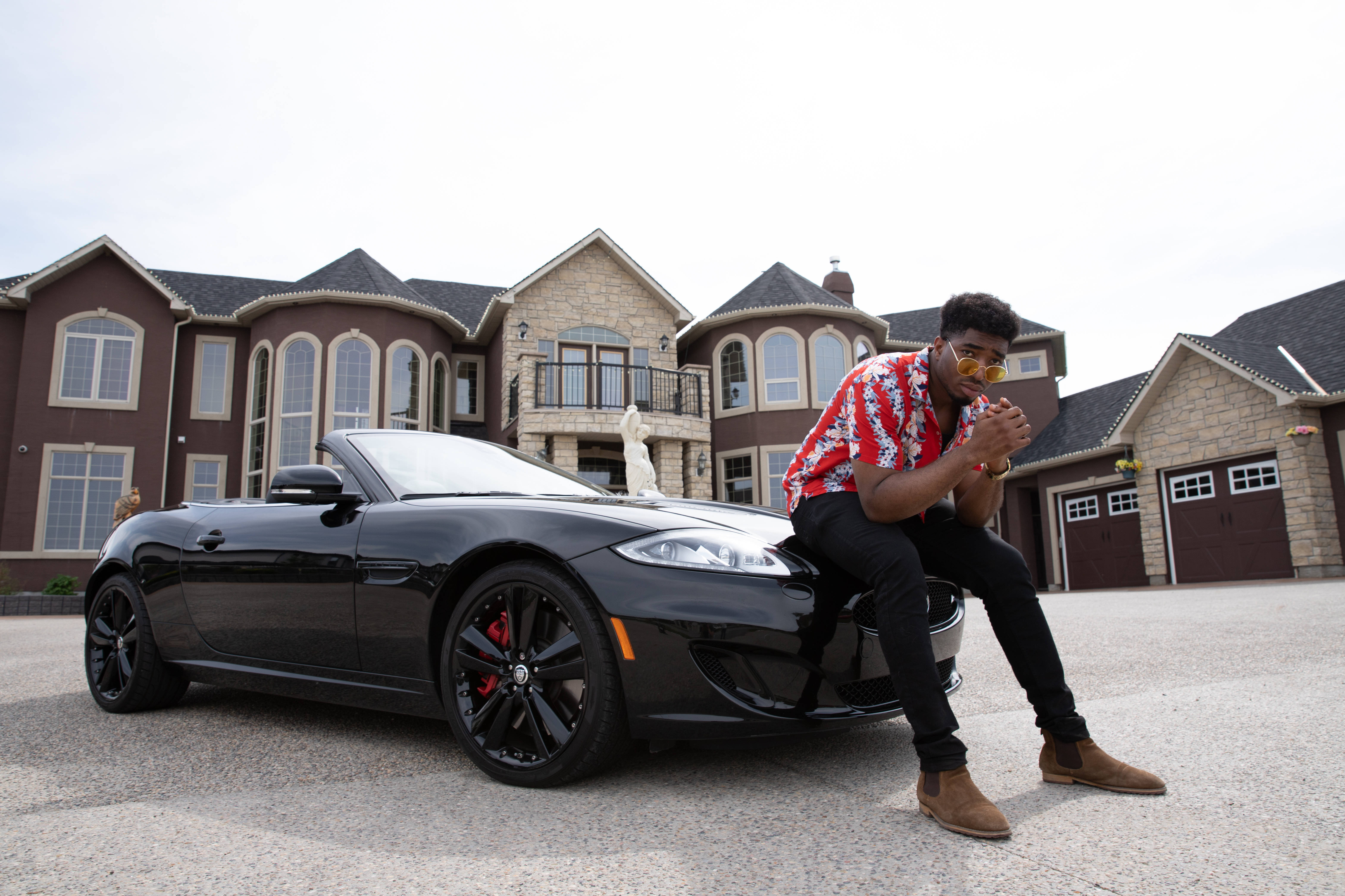 Maserati, sleek black convertible sports car, red patterned shirt, 5K Desktop Wallpaper