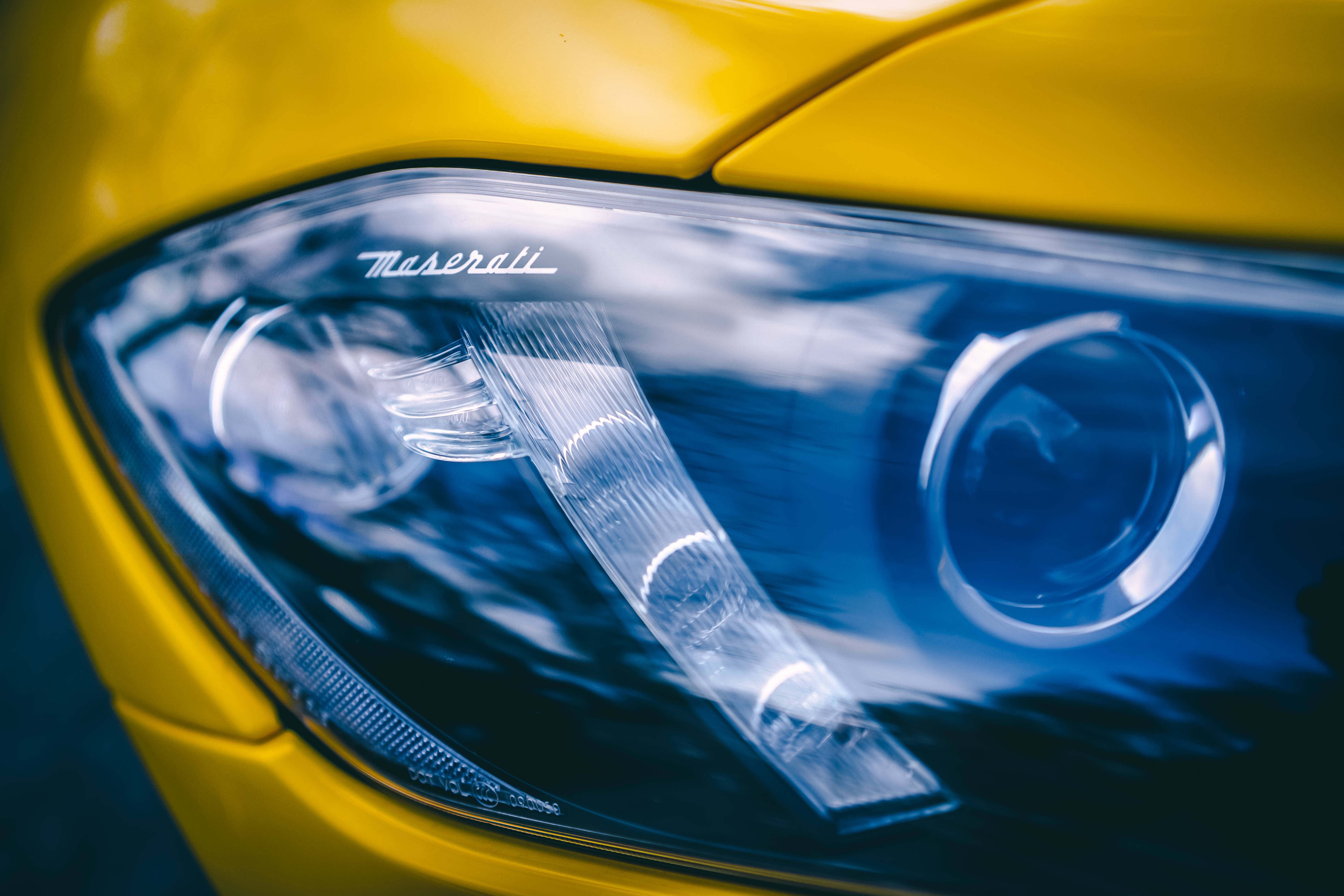 Maserati, vibrant yellow, blue-tinted lens, 5K Desktop Wallpaper