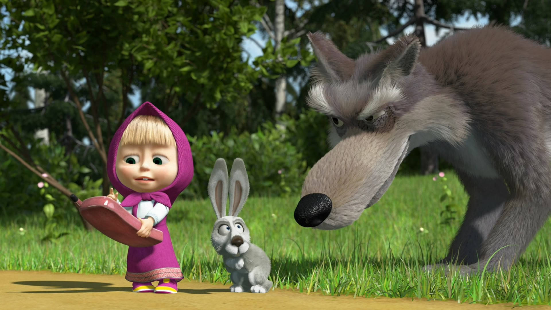 Masha And The Bear 4K, scary wolf, purple hood, Full HD Desktop Wallpaper