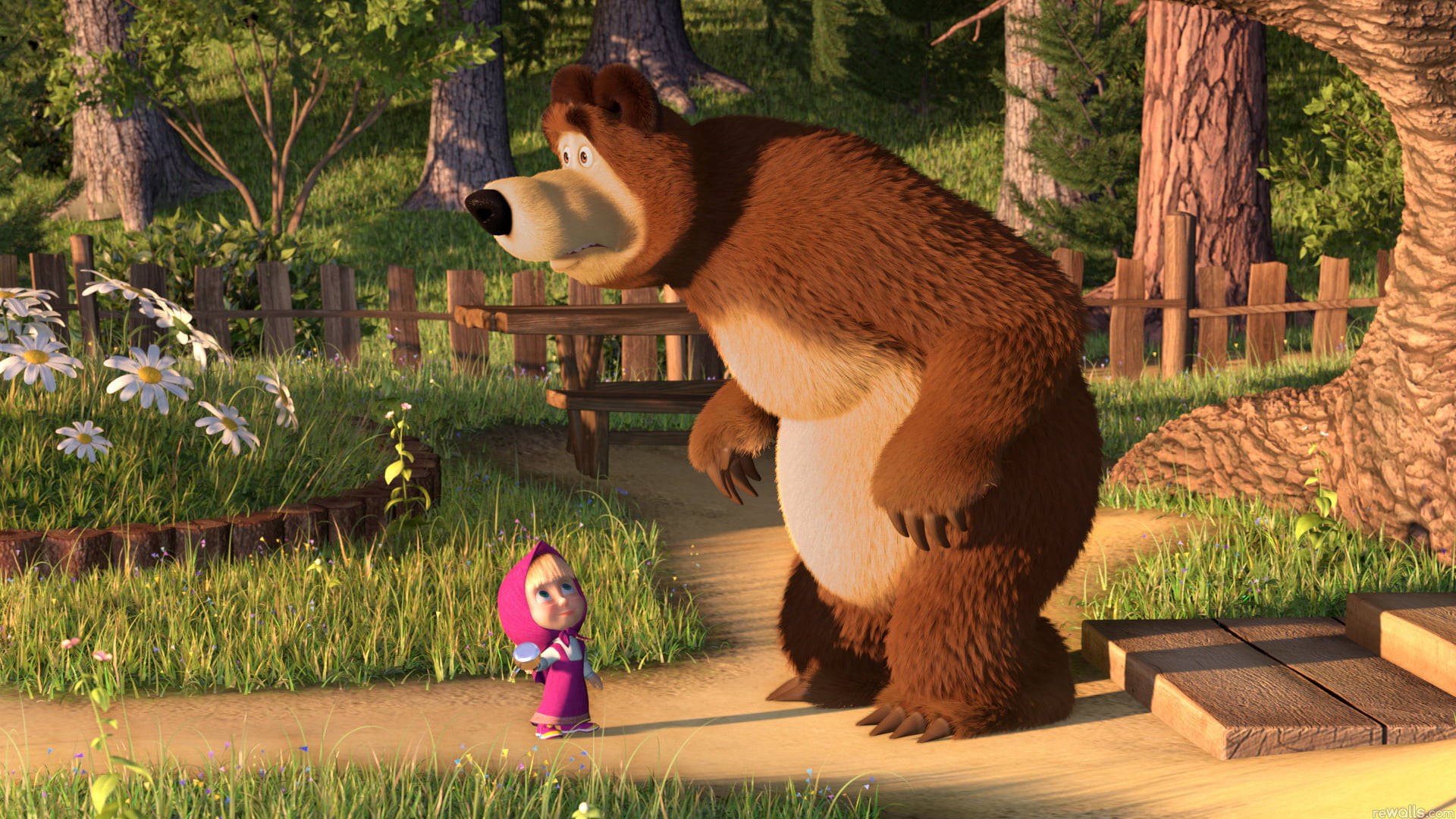 Masha And The Bear 4K, brown bear, tiny girl, Full HD Desktop Wallpaper