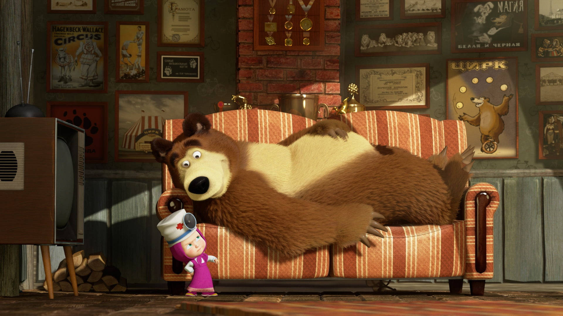 Masha And The Bear 4K, brown bear, striped couch, Full HD Desktop Wallpaper