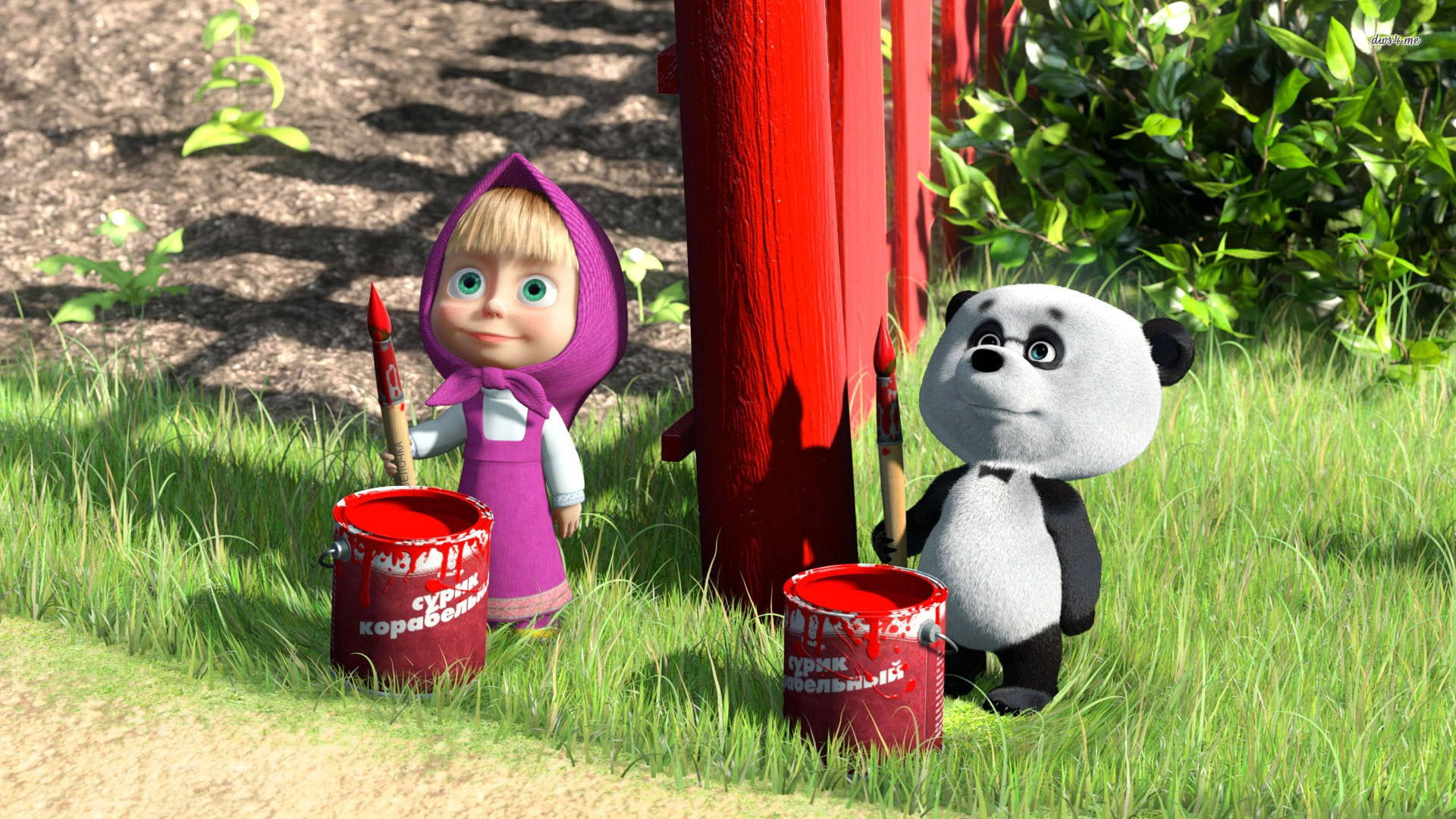Masha And The Bear 4K, red paint, purple hood, Full HD Desktop Wallpaper