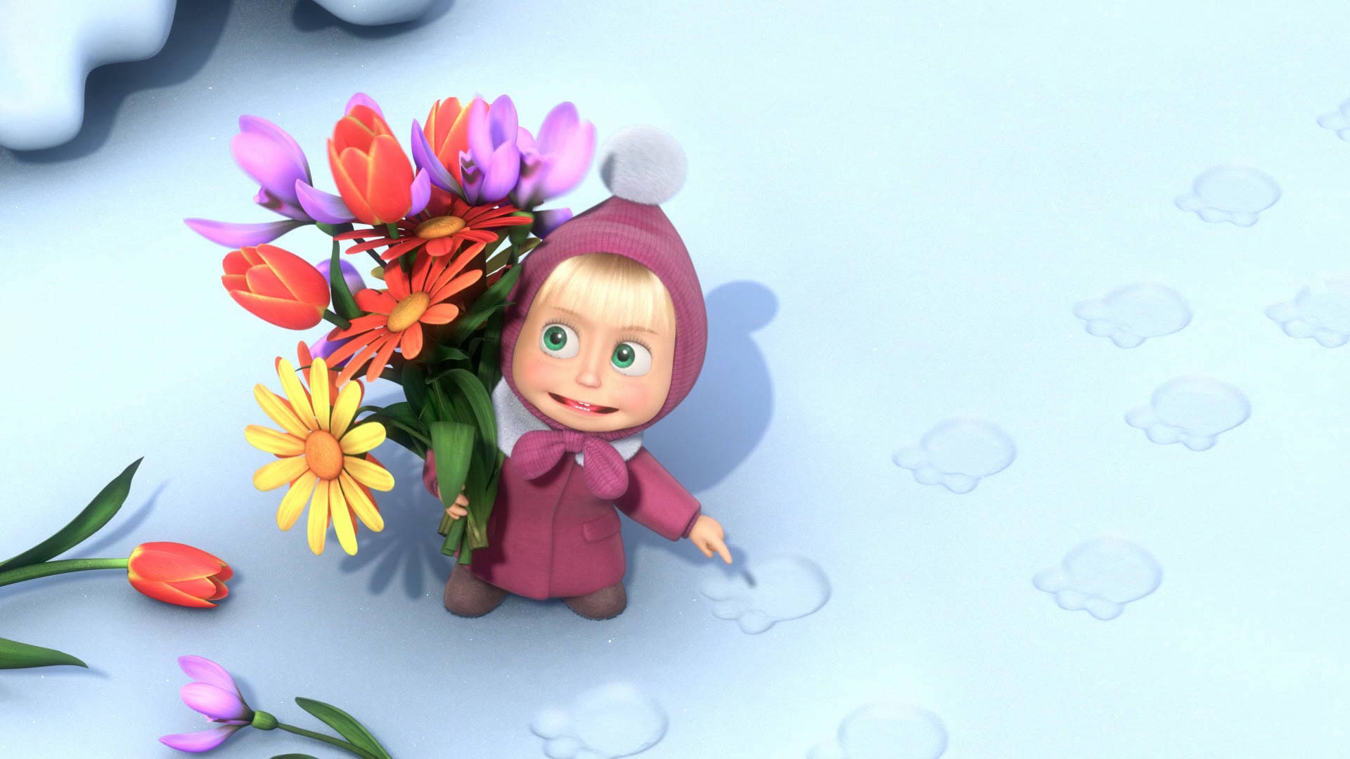 Masha And The Bear 4K, pink coat, tulips, Full HD Desktop Wallpaper