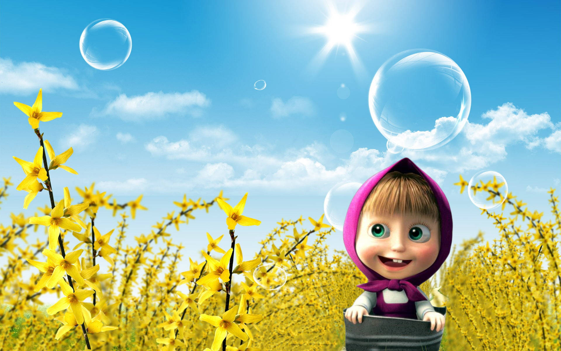 Masha And The Bear 4K, purple hood, yellow forsythia, Full HD Desktop Wallpaper