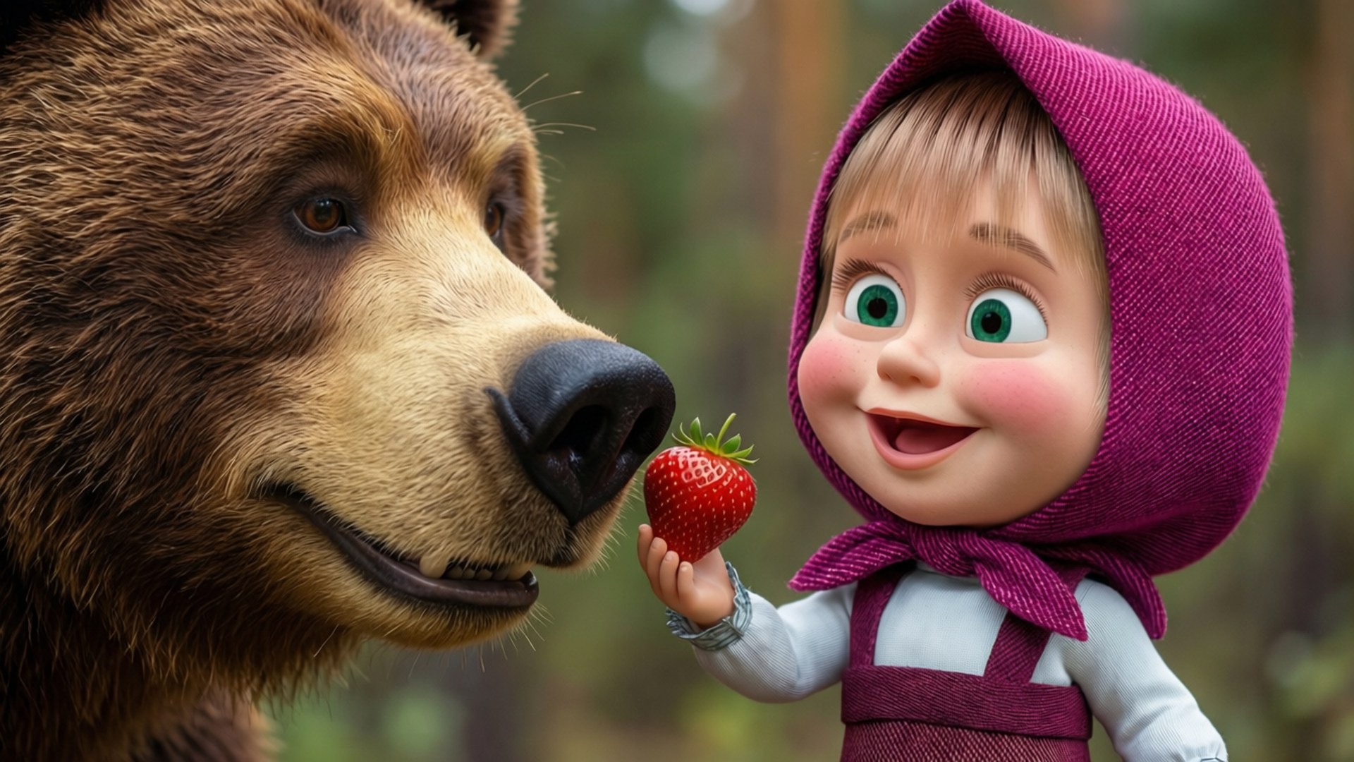 Masha, Bear, strawberry, Full HD Desktop Wallpaper
