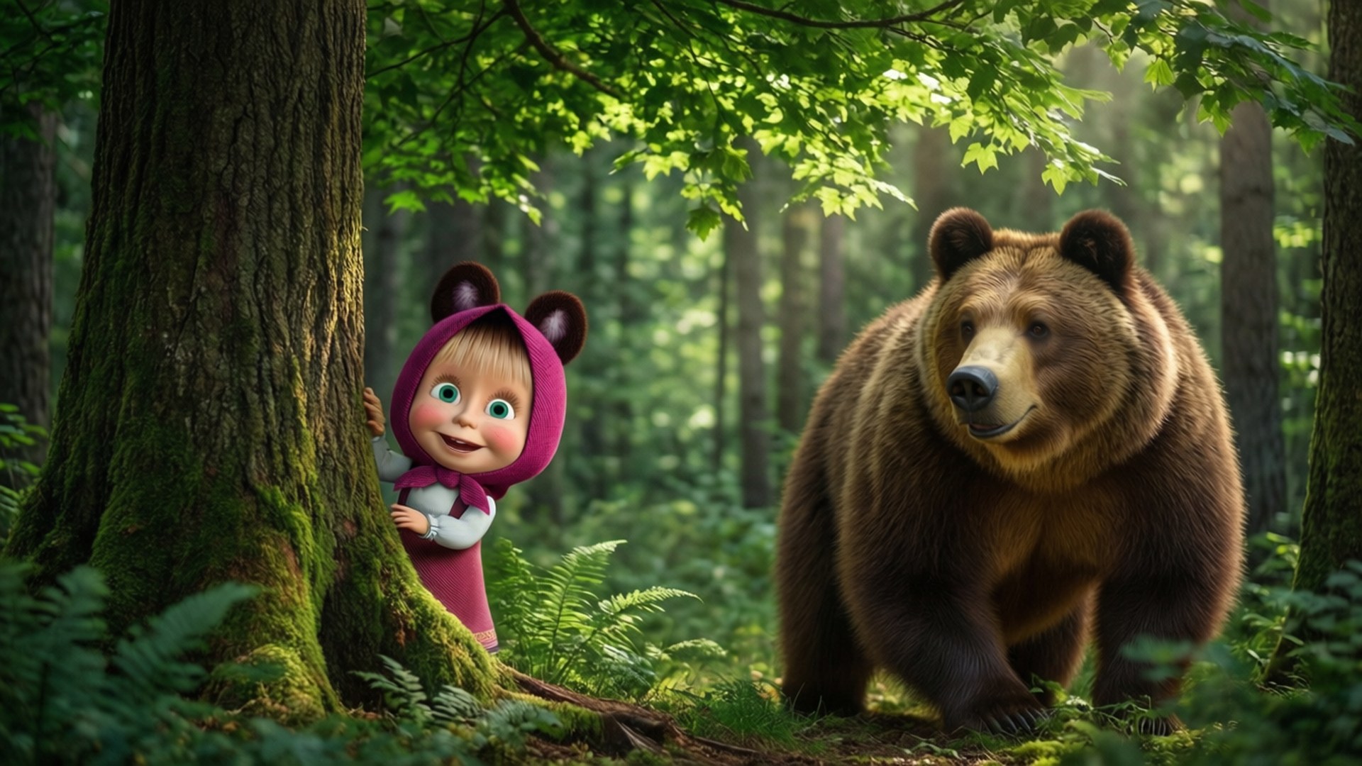Masha And The Bear, forest, hide and seek, Full HD Desktop Wallpaper