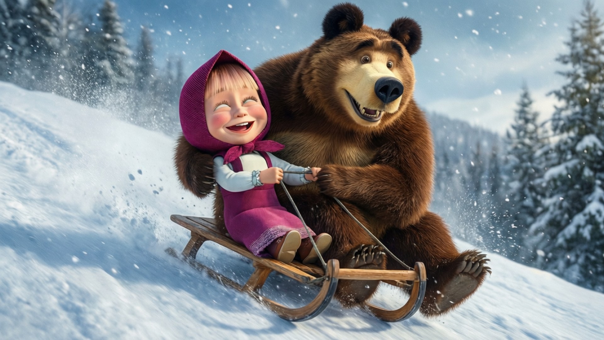 Masha And The Bear, sled, snowy hill, Full HD Desktop Wallpaper