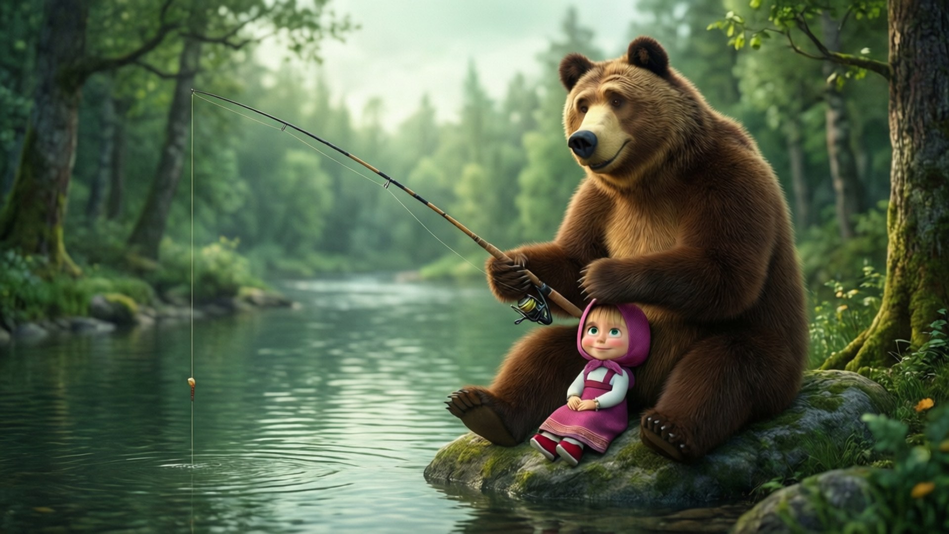 Masha And The Bear, fishing, river, Full HD Desktop Wallpaper