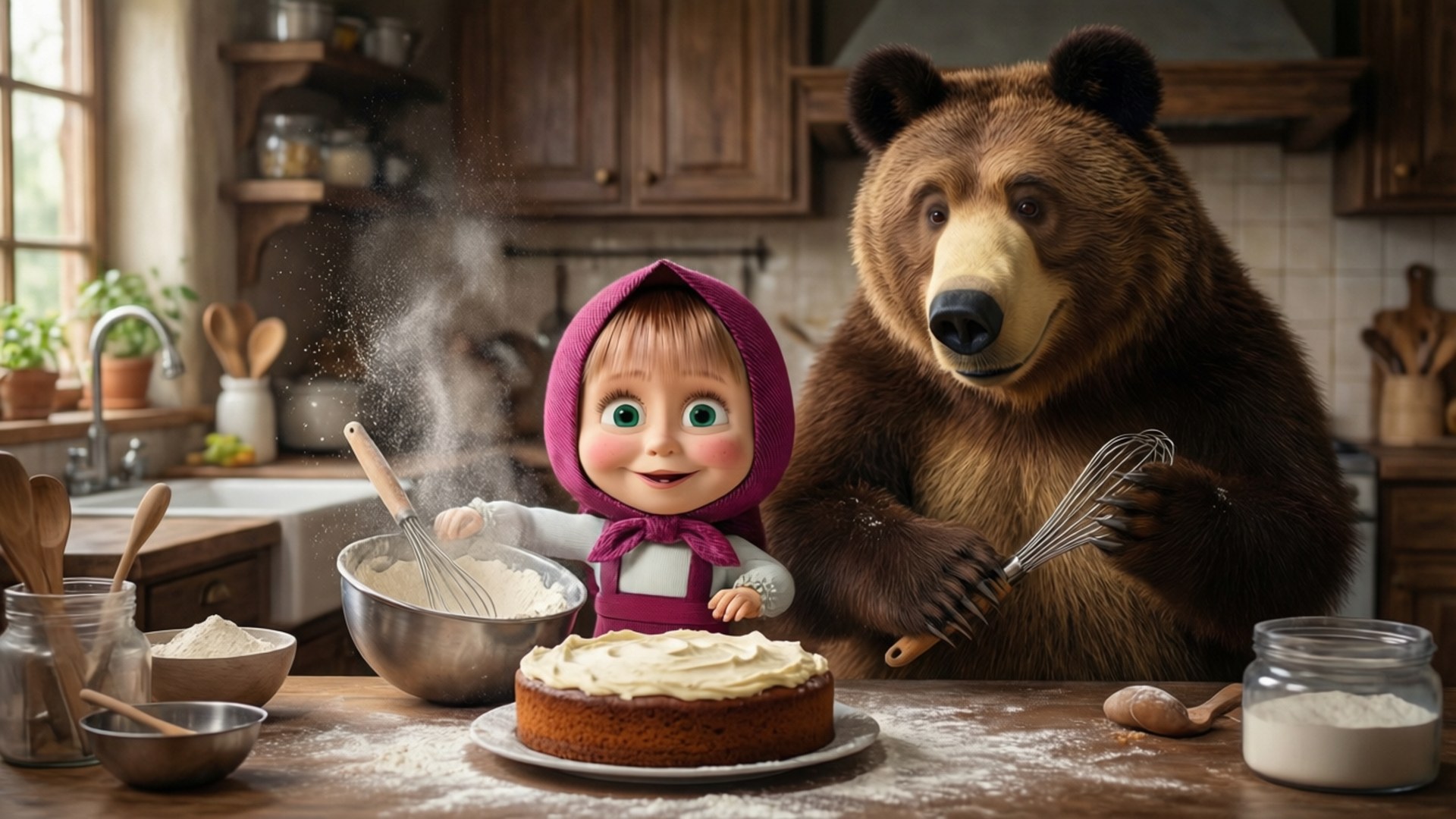 Masha And The Bear, cake, kitchen, Full HD Desktop Wallpaper