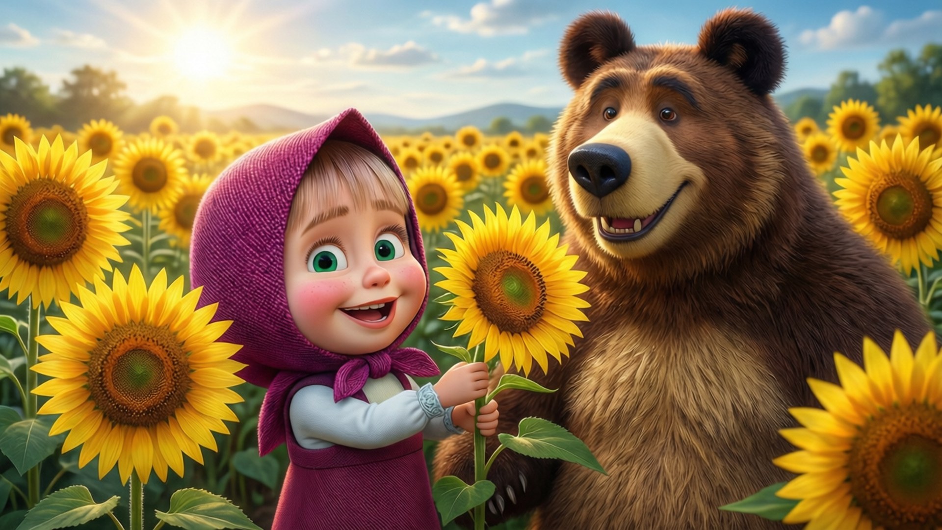 Masha And The Bear, sunflower field, sunny day, Full HD Desktop Wallpaper