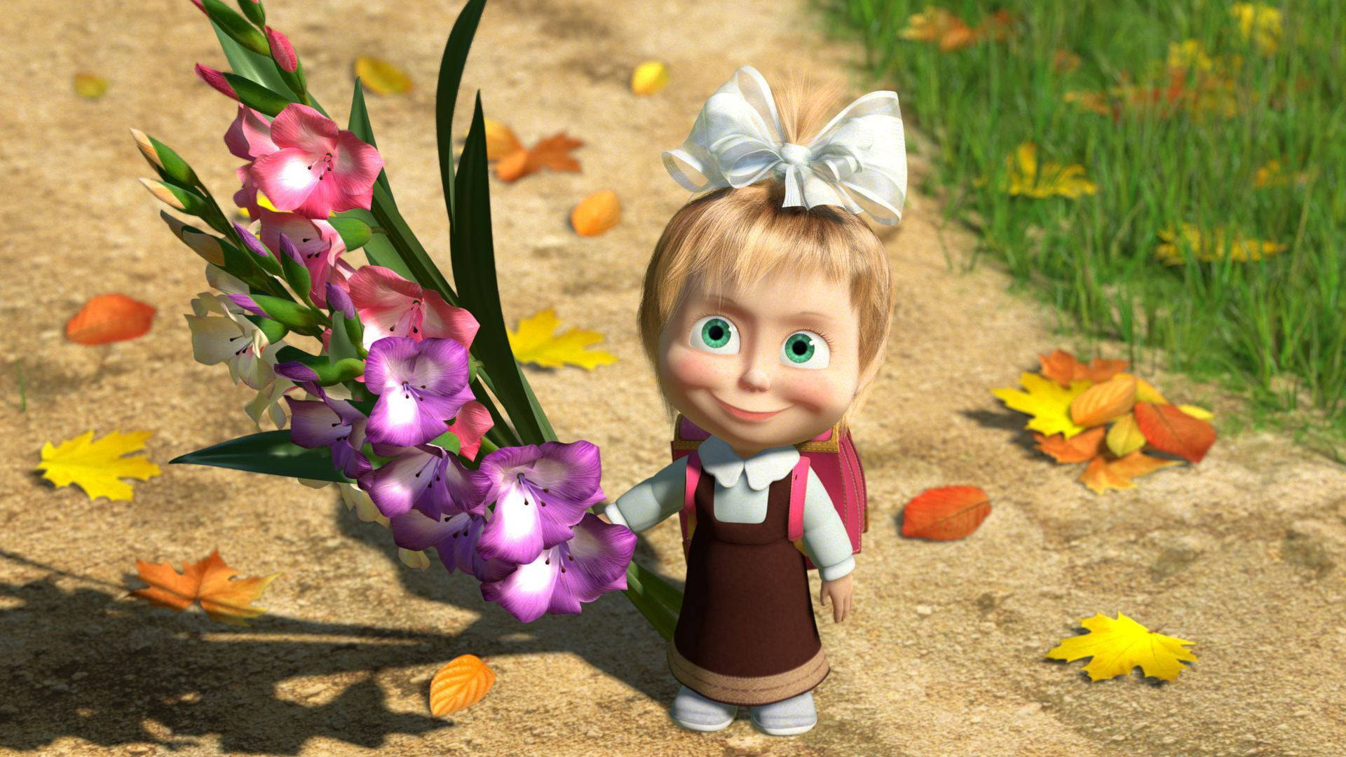 Masha And The Bear 4K, white bow, pink and purple gladiolus, Full HD Desktop Wallpaper
