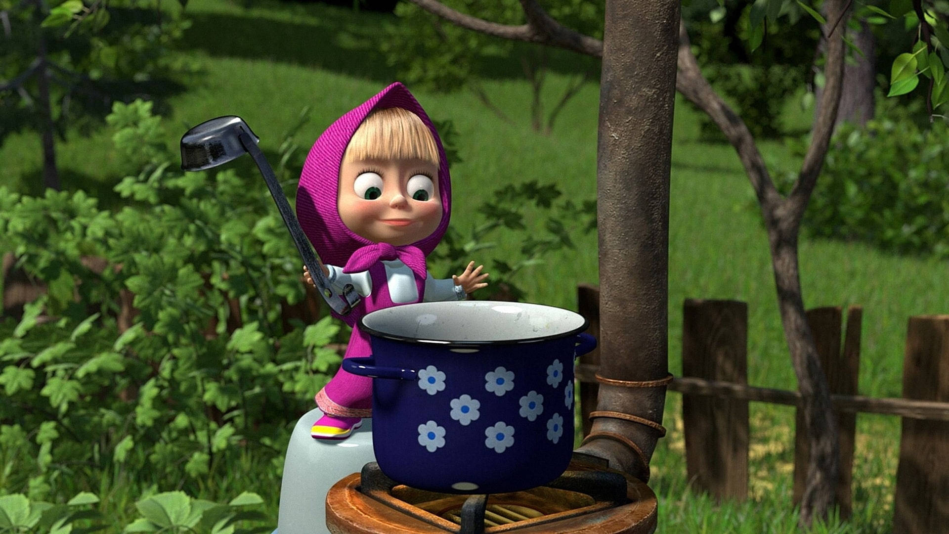 Masha And The Bear 4K, blue ladle, pink hood, Full HD Desktop Wallpaper